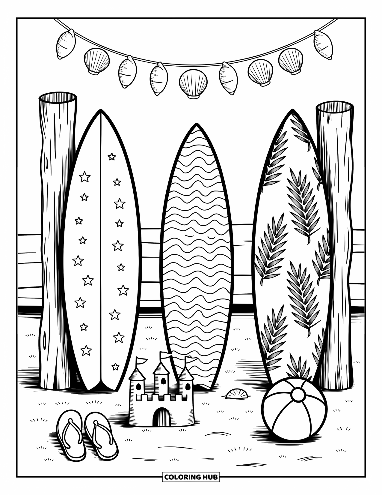 Surfing Coloring Page for Adults: Three surfboards stand upright in the sand beside a seashell garland