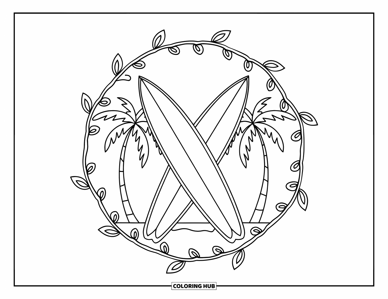 Surfing Coloring Page for Adults: Two surfboards cross before palm trees framed by a leafy mandala border