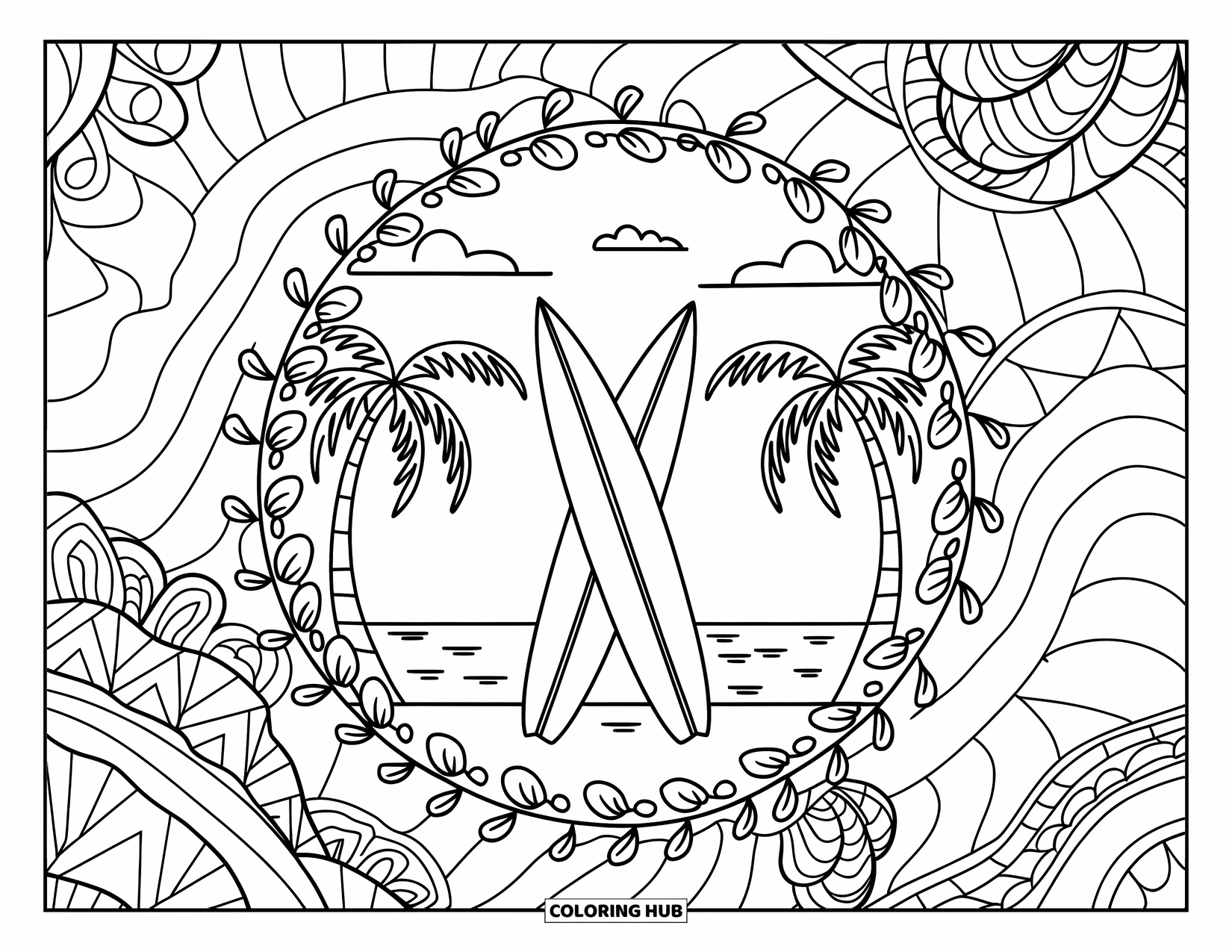 Surfing Coloring Page for Adults: Two surfboards cross on a calm beach bordered by botanical mandala vines