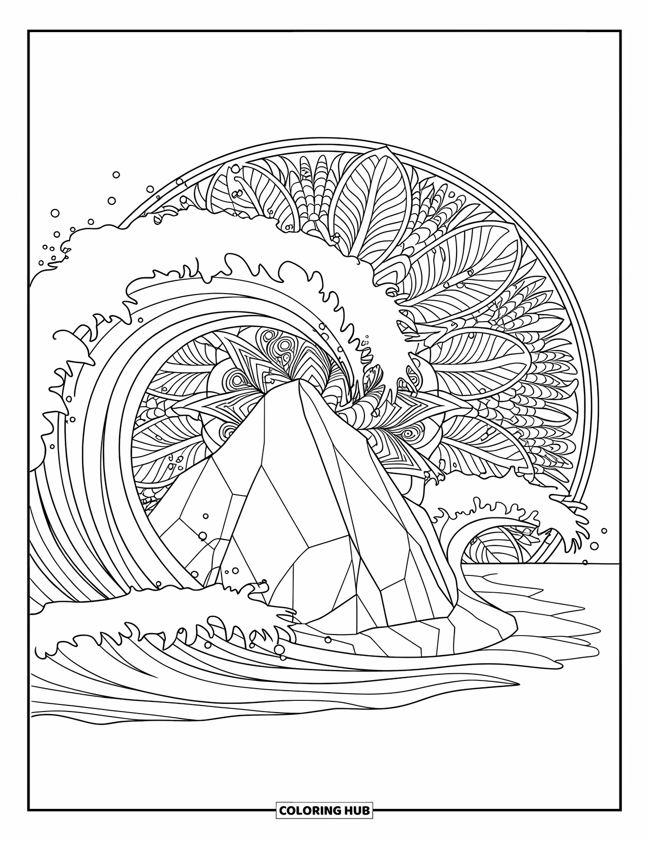 Surfing Coloring Page for Adults: Waves crash around a beach rock framed by a tropical plant mandala