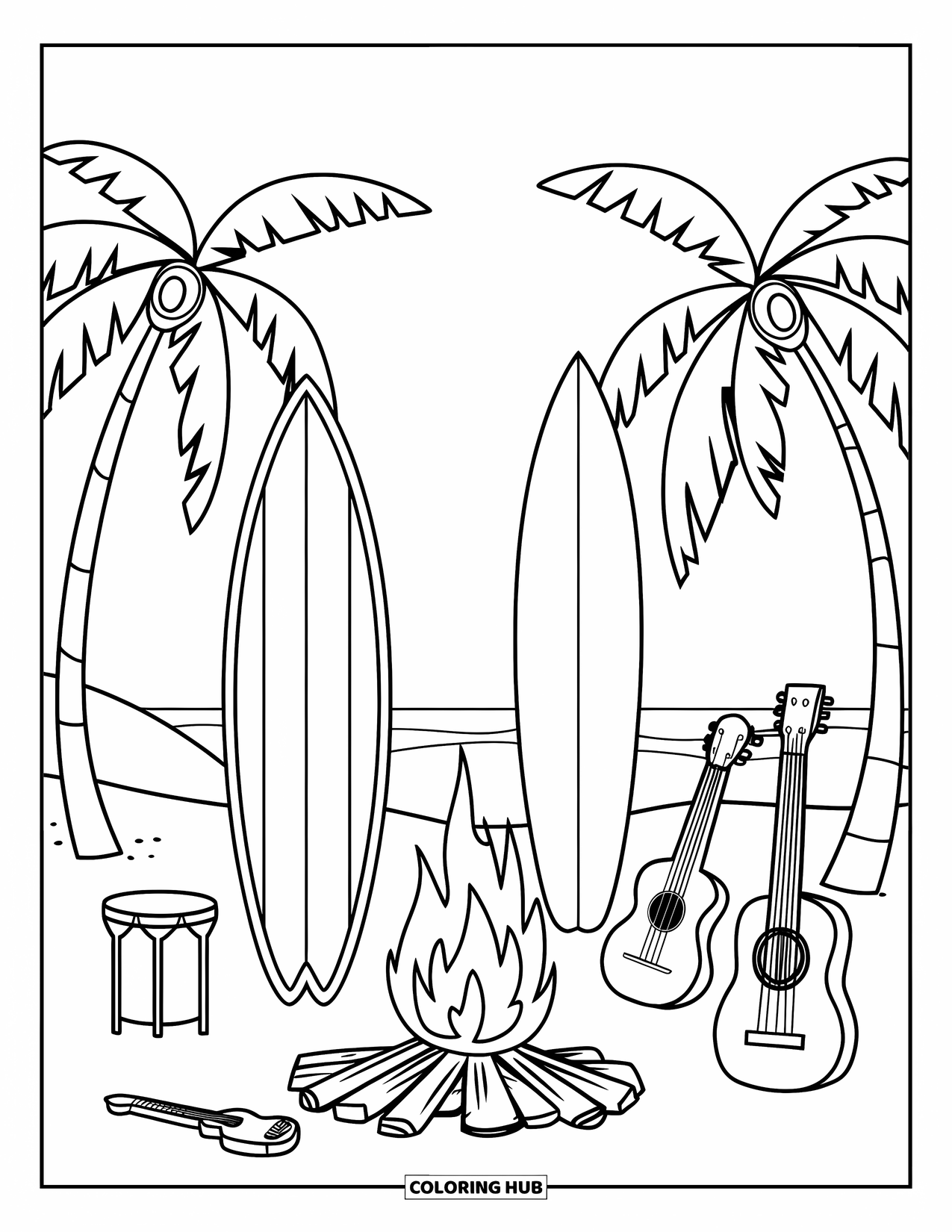 Surfing Coloring Page for Kids: A beach party glows with music, surfboards, and palm trees