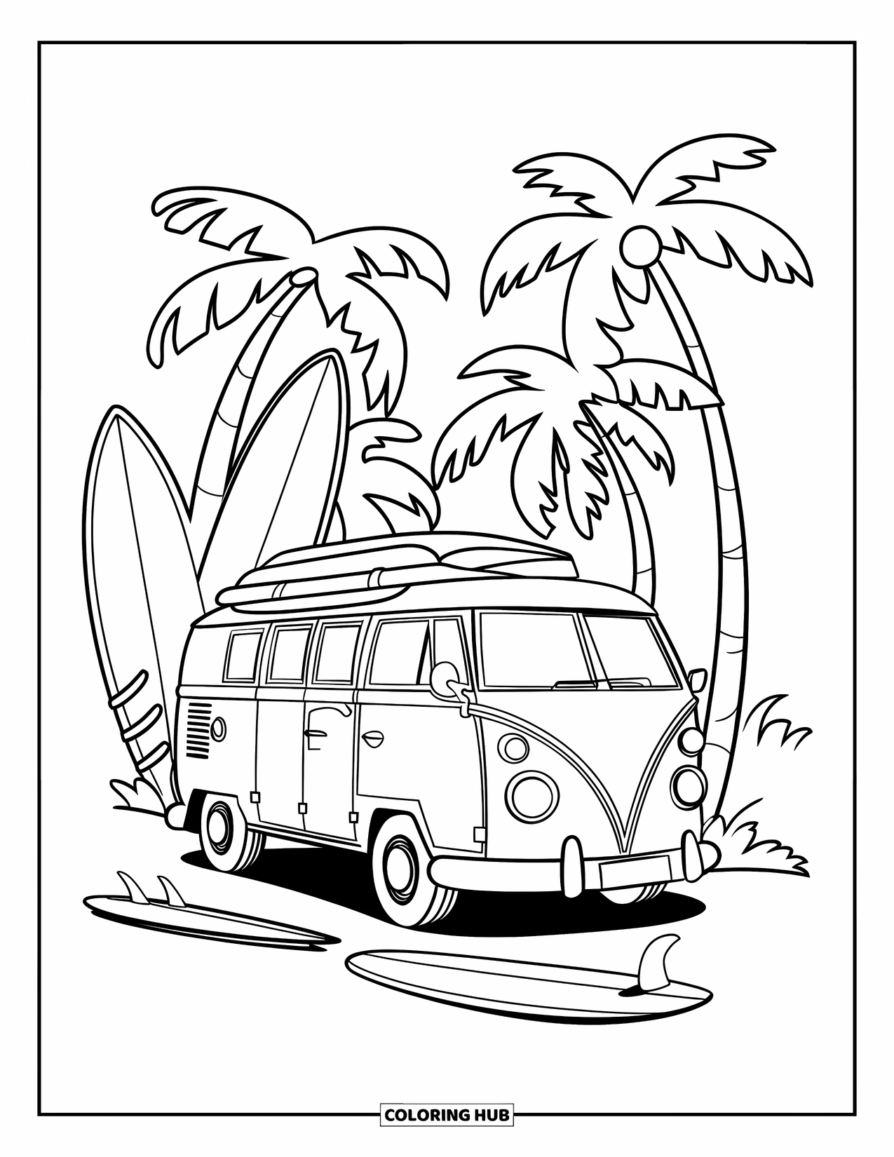 Surfing Coloring Page for Kids: A beach van is surrounded by surf gear and palm trees