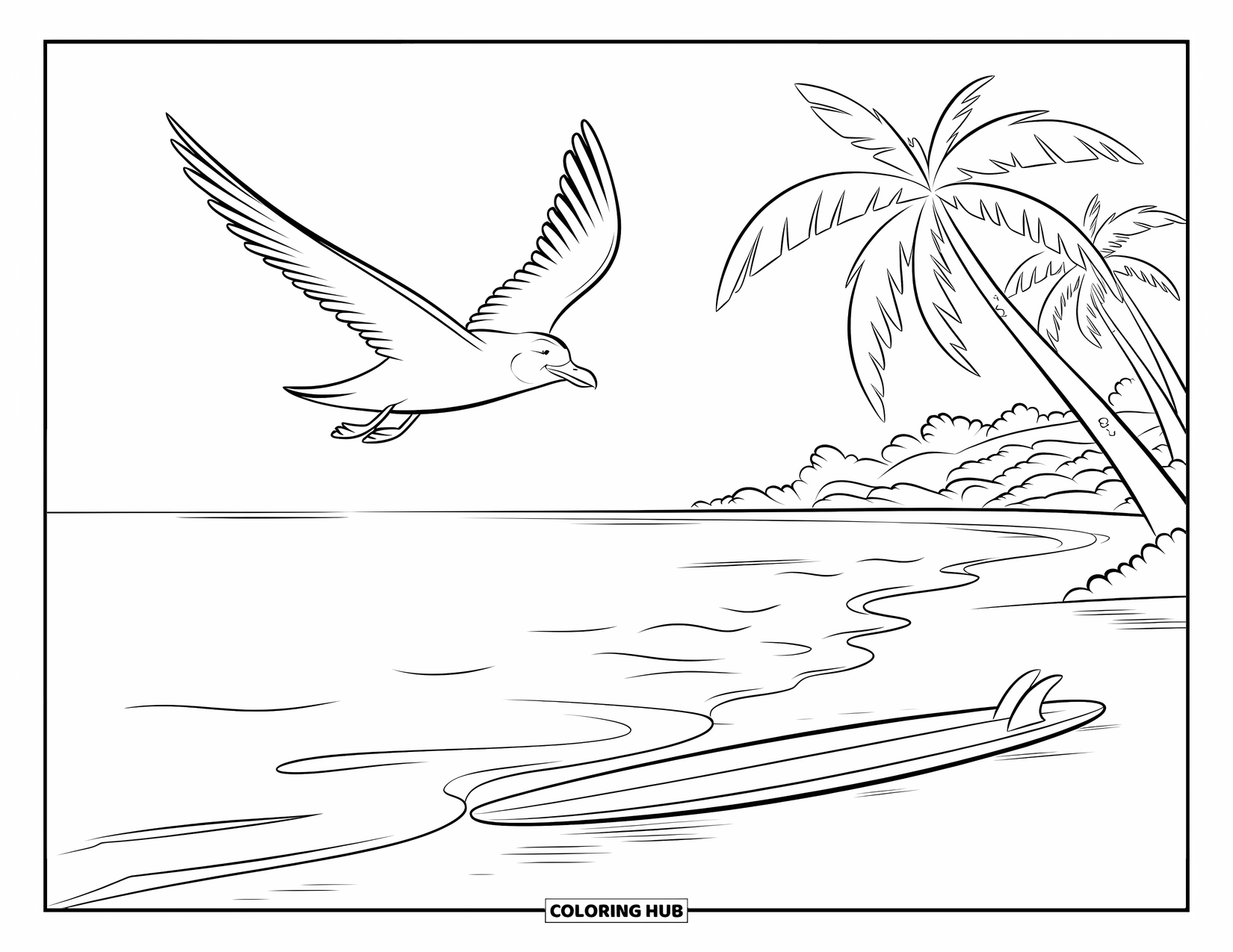 Surfing Coloring Page for Kids: A bird glides over calm waves and a surfboard on the sand
