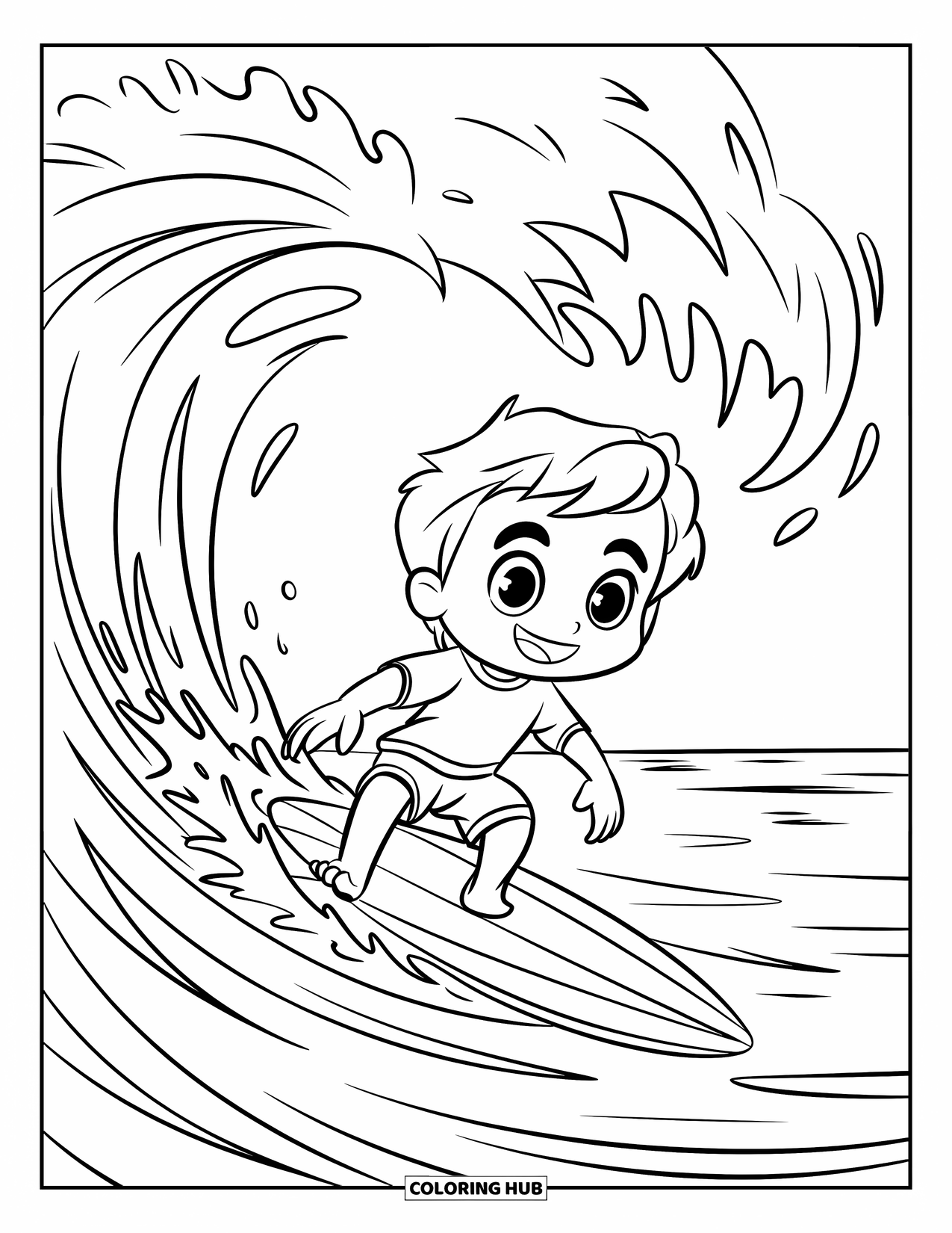 Surfing Coloring Page for Kids: A boy balances on a wave with splashes curling around him