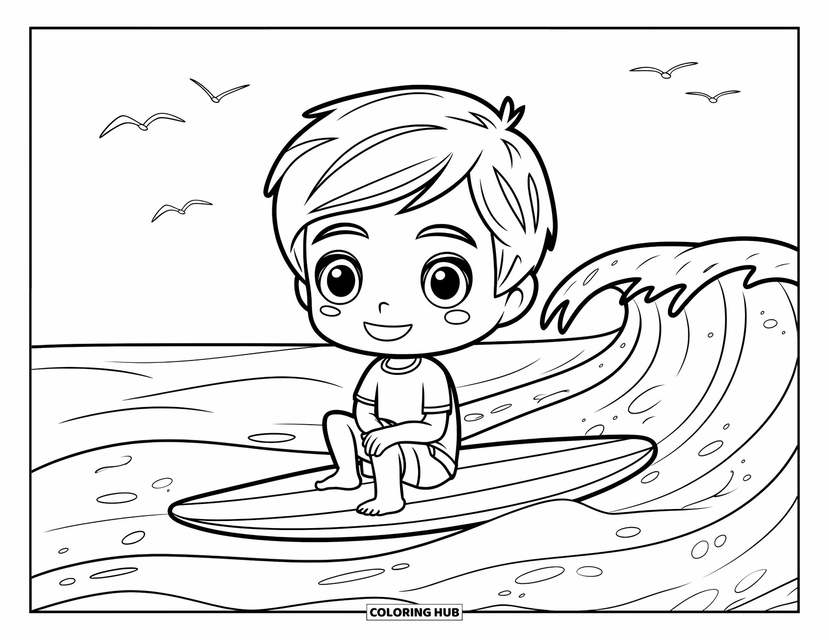 Surfing Coloring Page for Kids: A boy sits on a surfboard watching the ocean waves roll in