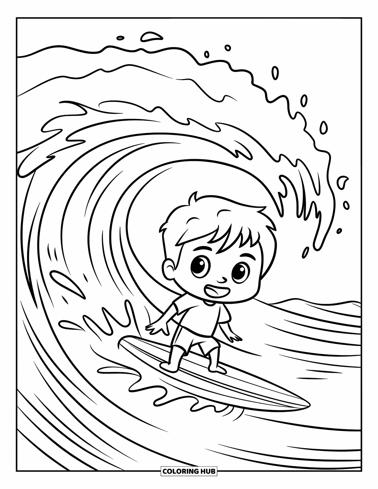Surfing Coloring Page for Kids: A chibi boy rides a small wave with a big cheerful smile