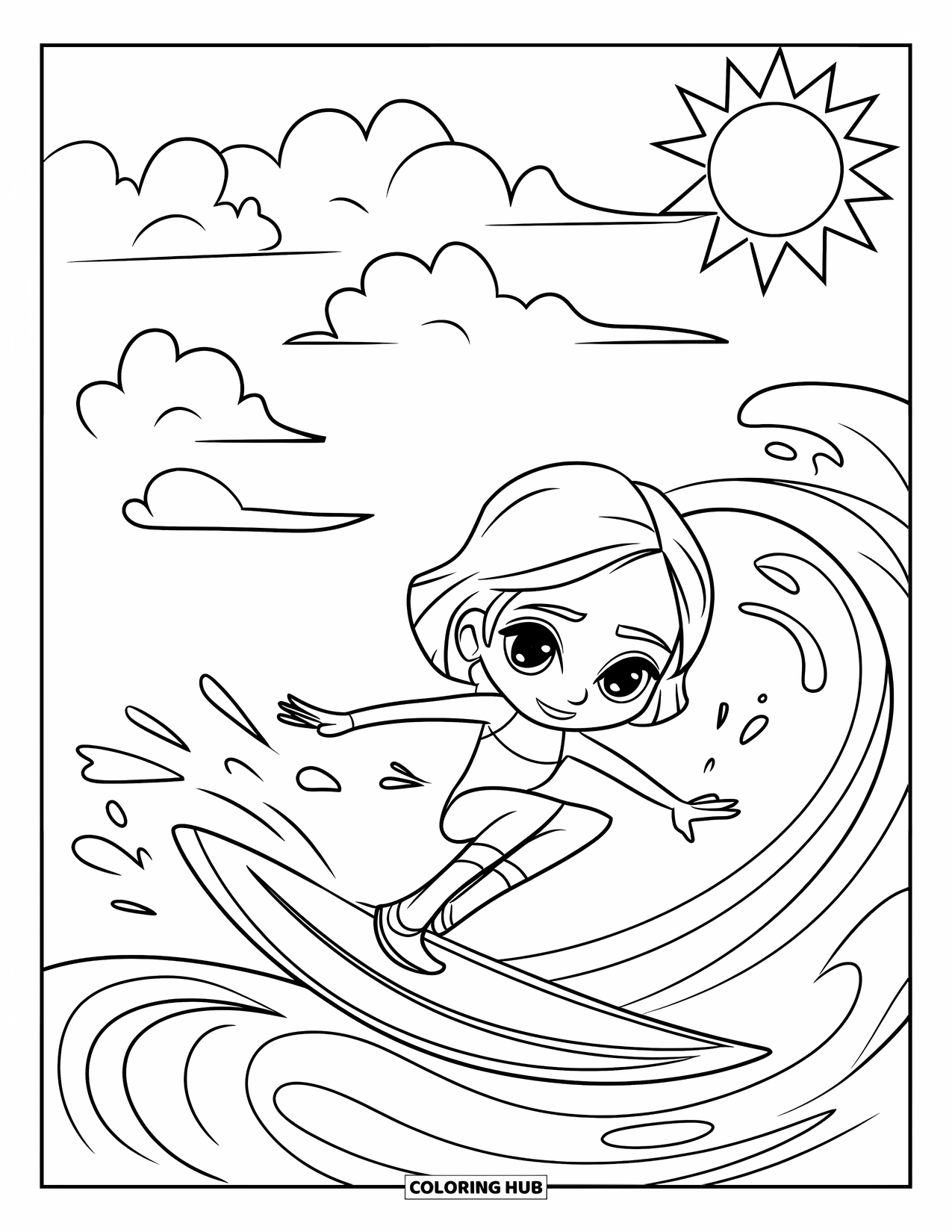 Surfing Coloring Page for Kids: A chibi girl does a surf trick under the sun and clouds