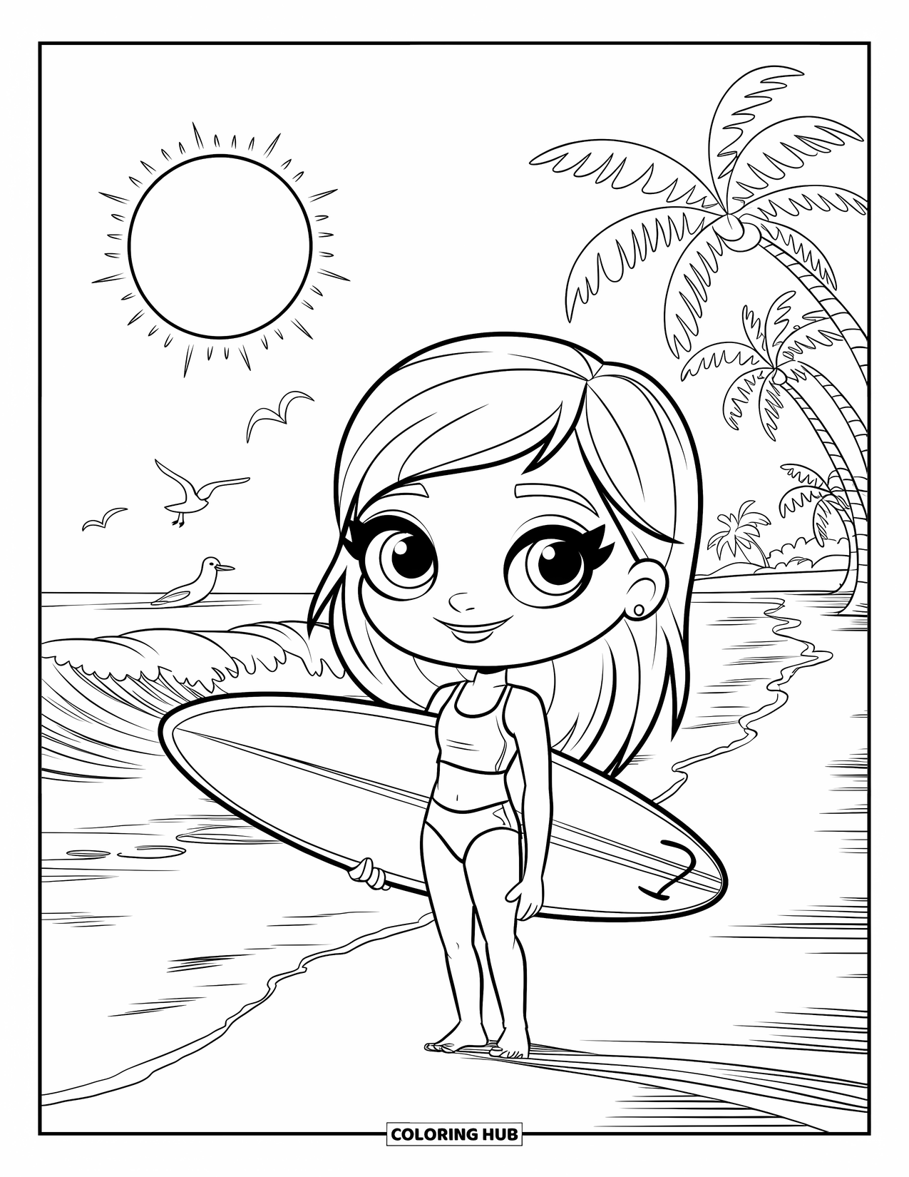 Surfing Coloring Page for Kids: A chibi girl stands with her surfboard beneath a bright sun