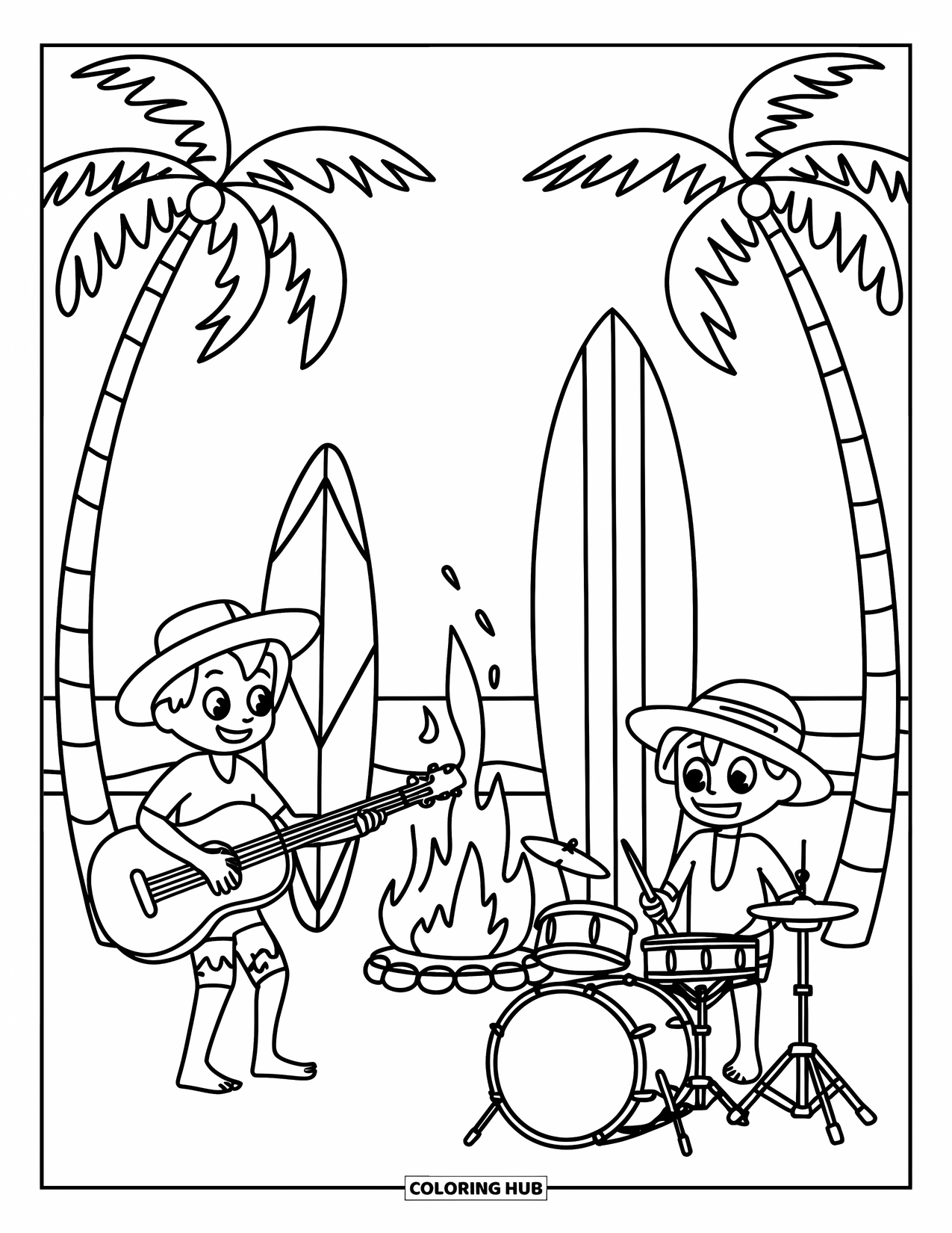 Surfing Coloring Page for Kids: A group relaxes by a bonfire beside surfboards on the beach