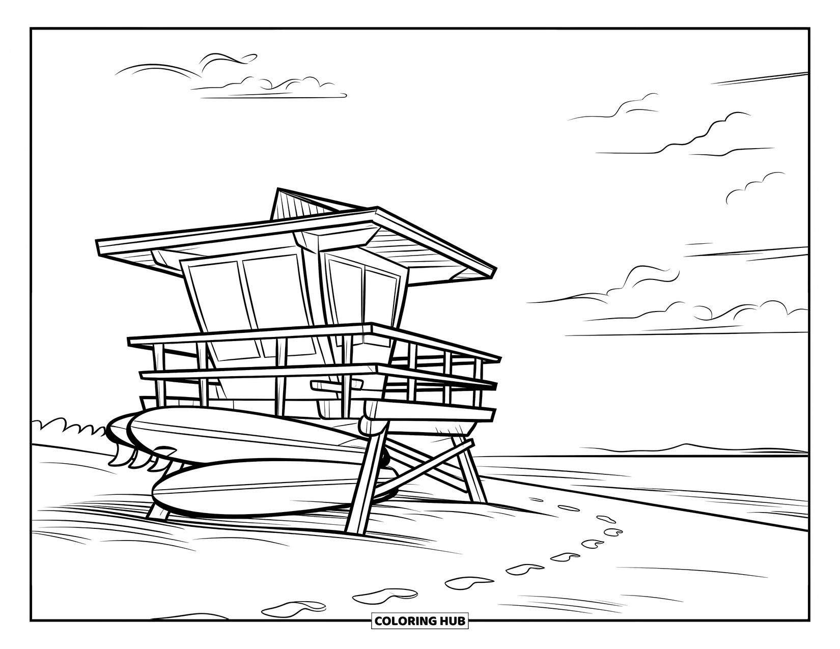 Surfing Coloring Page for Kids: A lifeguard hut stands on sand surrounded by boards and footprints