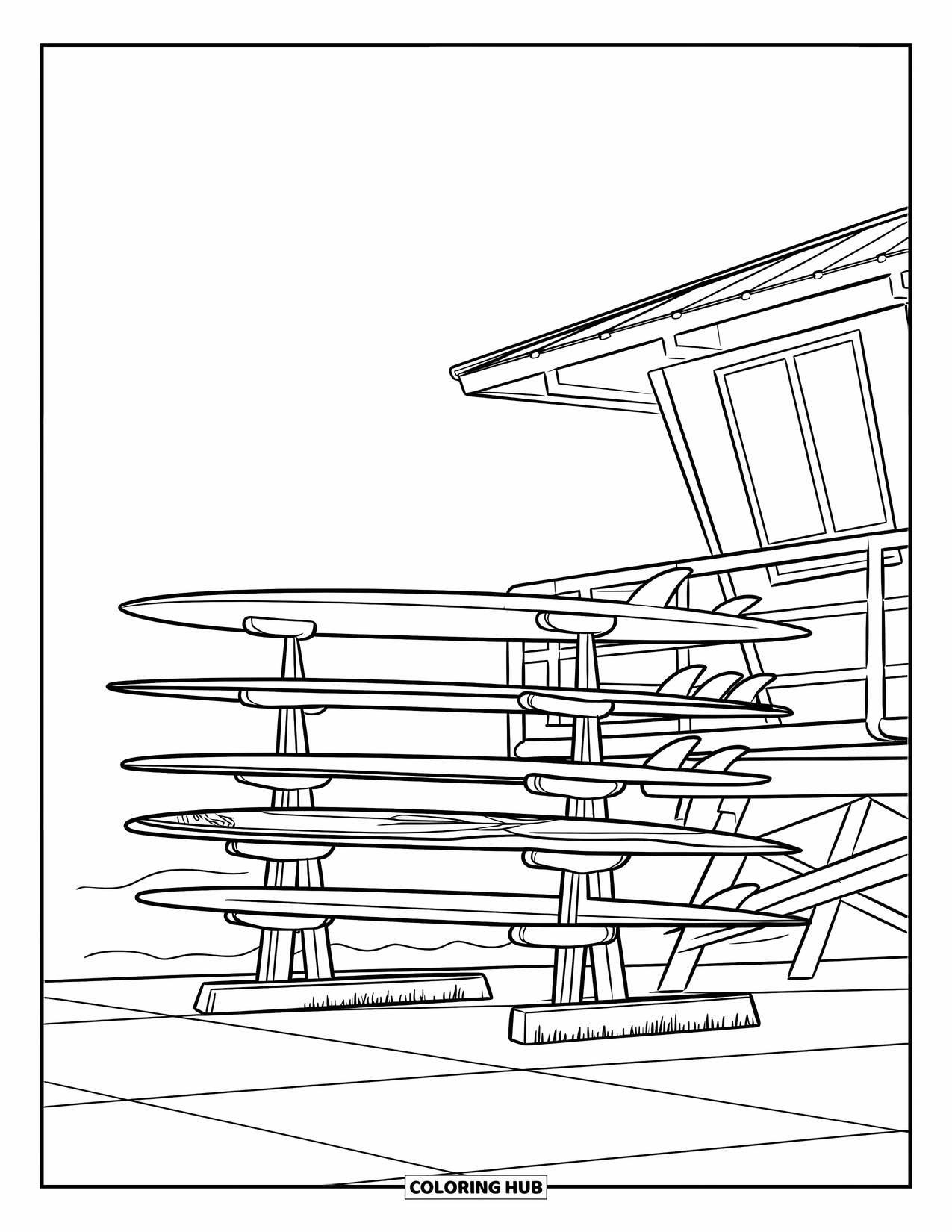 Surfing Coloring Page for Kids: A rack of surfboards stands beside a tall watchtower