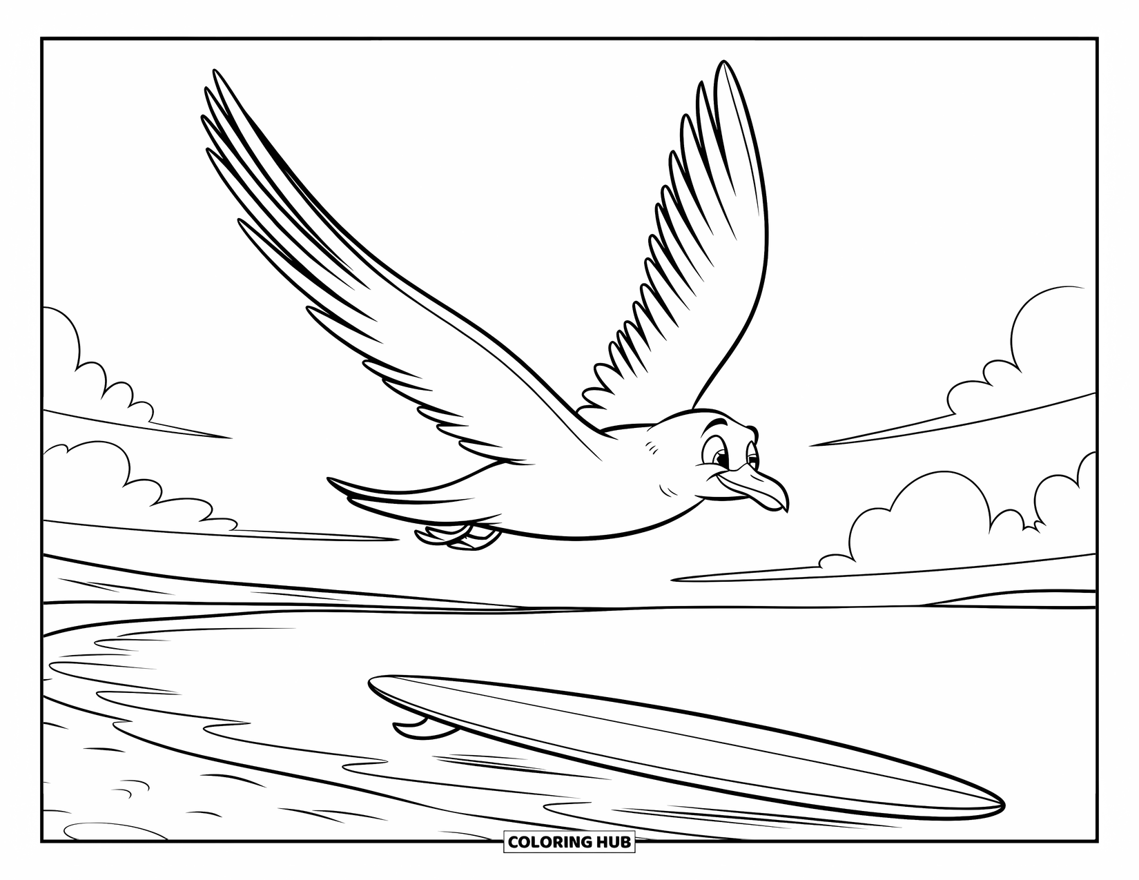 Surfing Coloring Page for Kids: A seagull flies over sand beside a surfboard and gentle surf