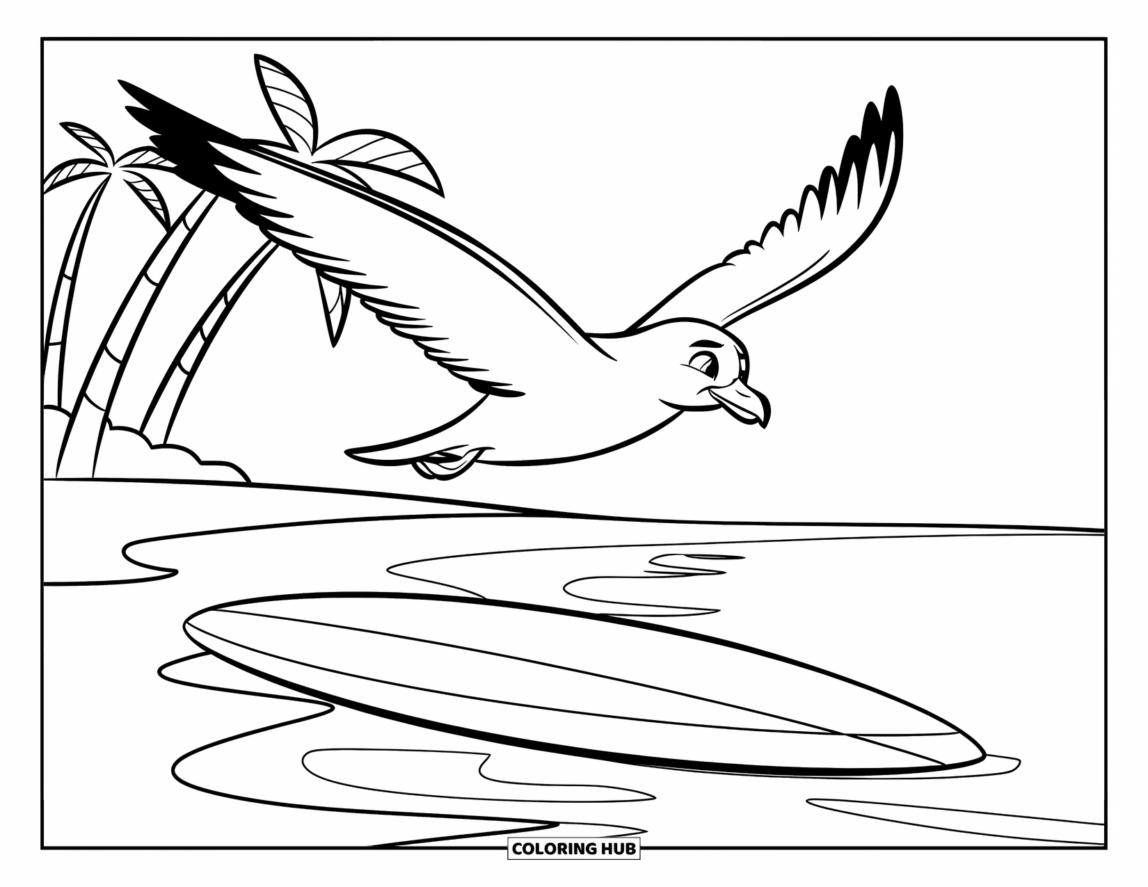 Surfing Coloring Page for Kids: A seagull flies over the beach near a surfboard by the water