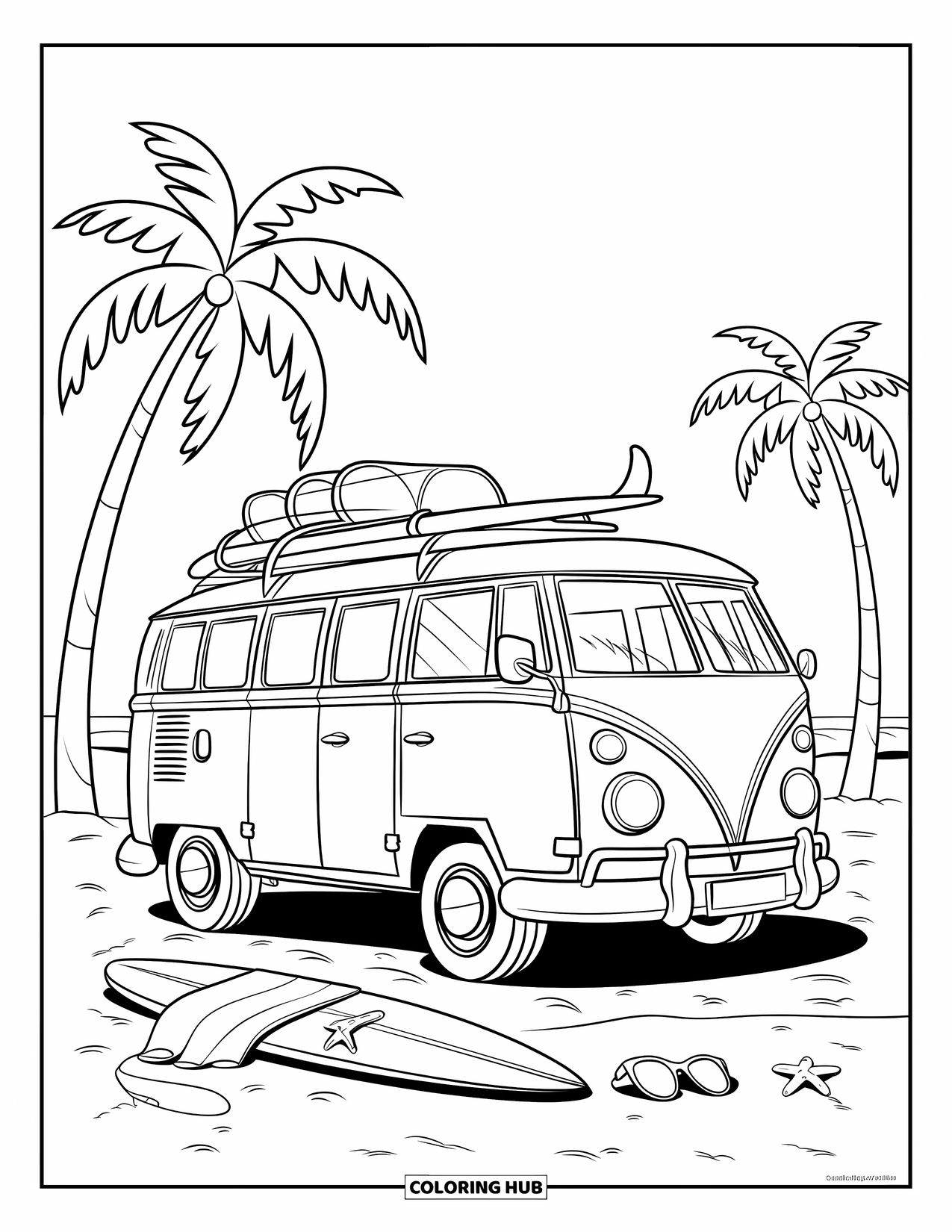 Surfing Coloring Page for Kids: A surf van with gear sits under sunny skies and tall palms