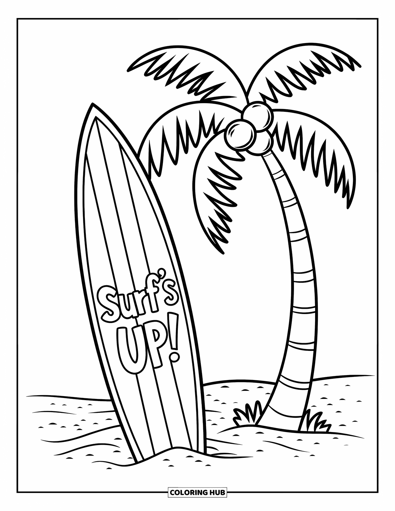 Surfing Coloring Page for Kids: A surfboard sticks upright in the sand beside a tall palm tree