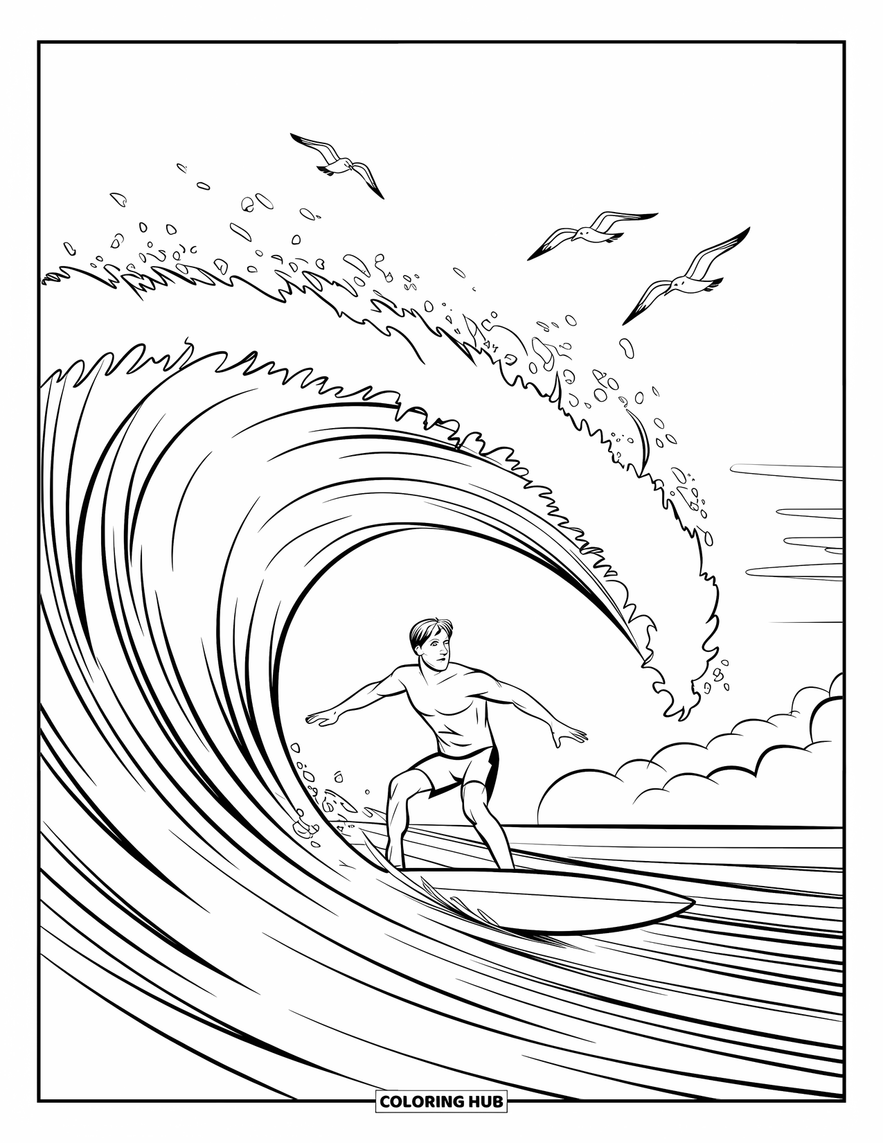 Surfing Coloring Page for Kids: A surfer balances on his board inside a crashing barrel wave