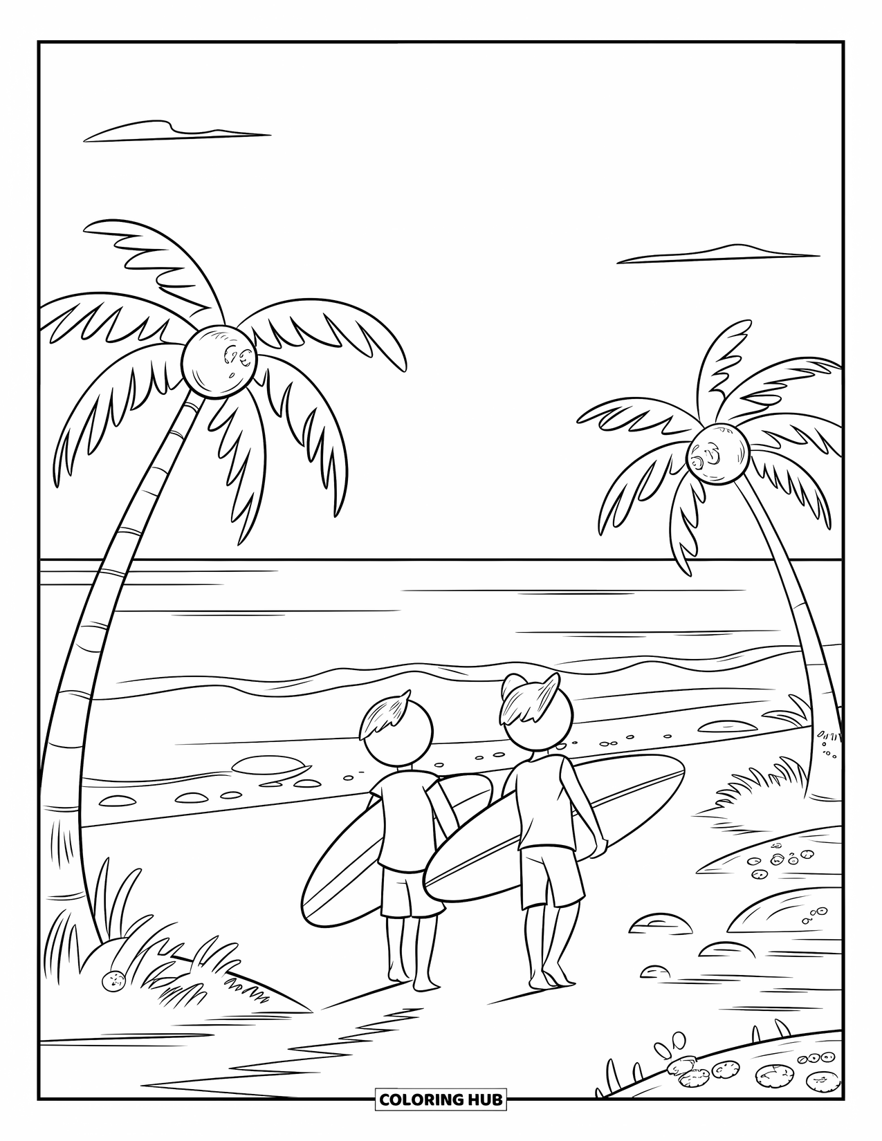 Surfing Coloring Page for Kids: Friends stroll along a sandy path toward gentle rolling waves