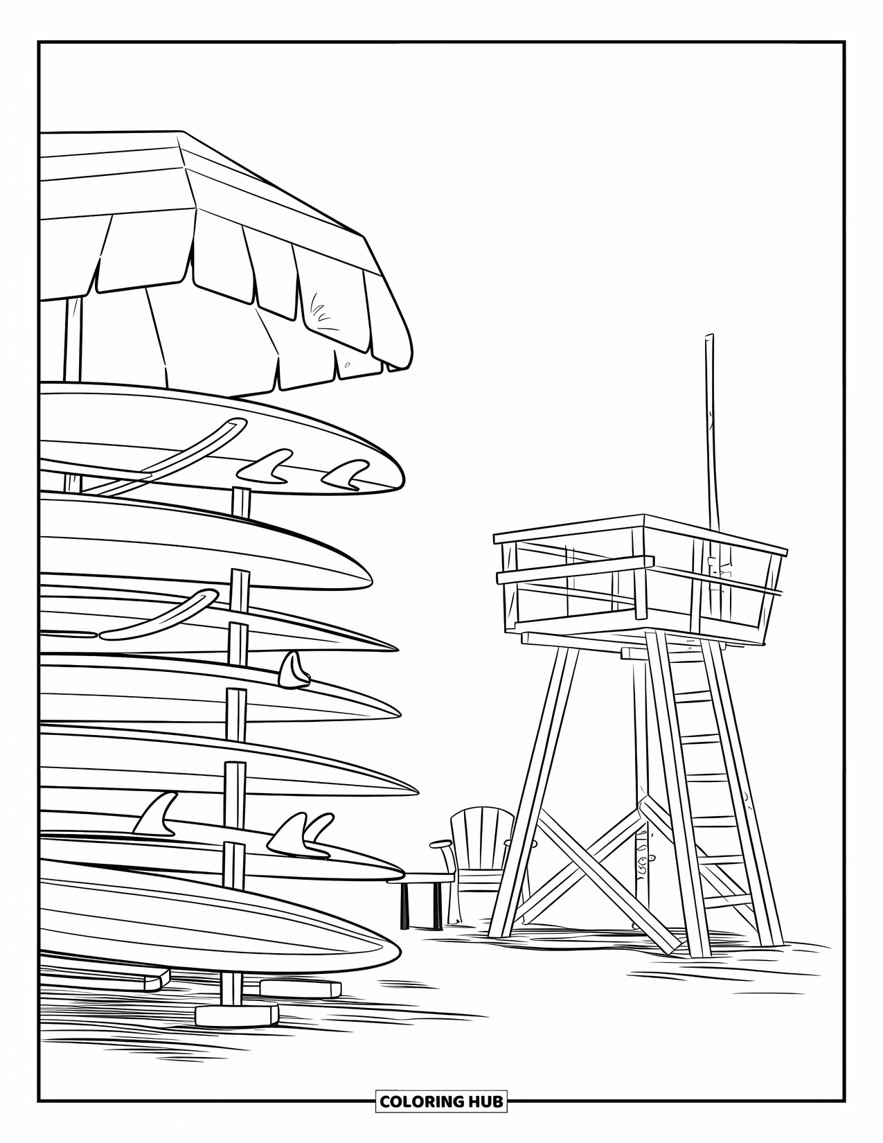 Surfing Coloring Page for Kids: Surfboards lean against a beach tower with a chair below