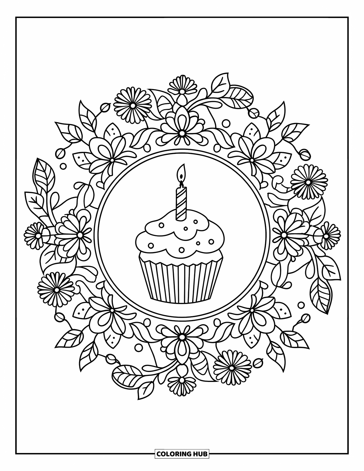 Sweet Treats Coloring Page for Adults: A birthday cupcake with a candle is surrounded by leaves and vines in a mandala