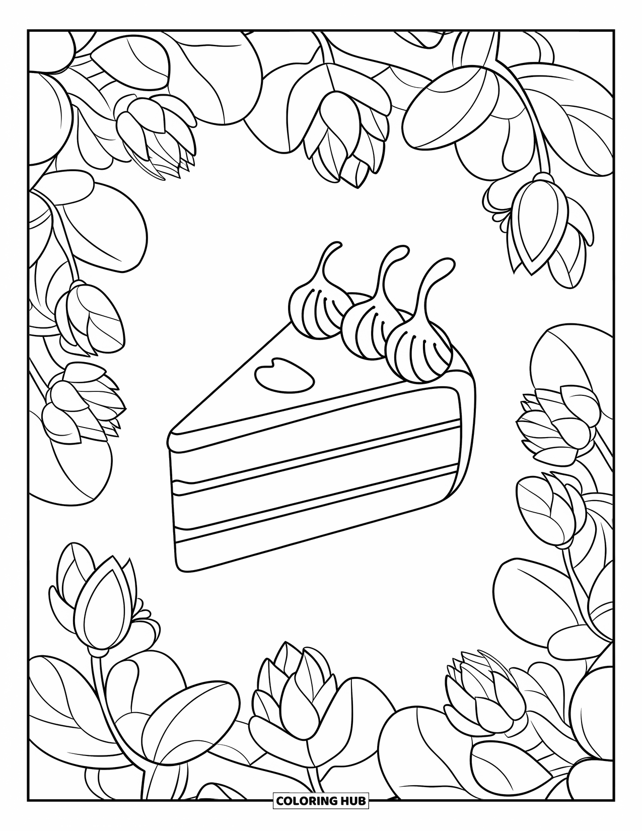 Sweet Treats Coloring Page for Adults: A cake slice is framed by lotus flowers and leaves in bold outlines
