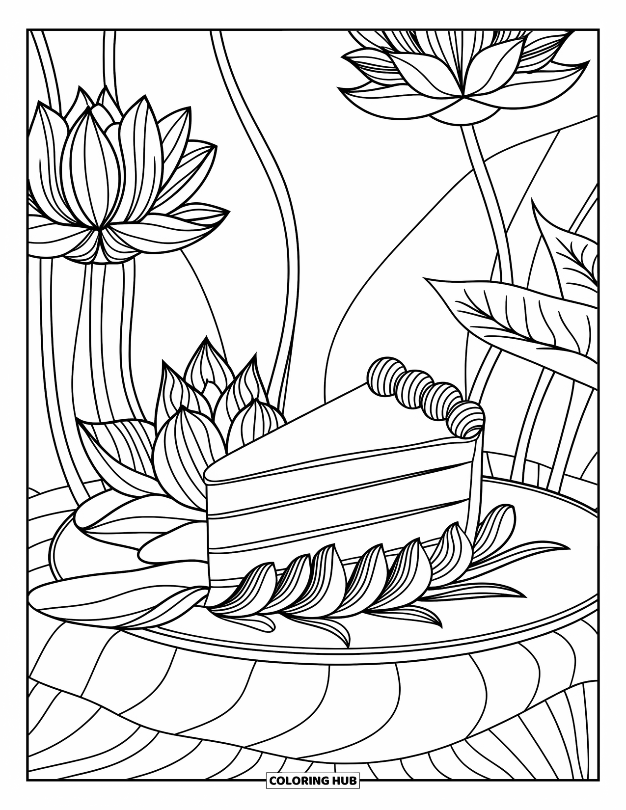 Sweet Treats Coloring Page for Adults: A cake slice rests on a plate surrounded by elegant lotus flowers and leaves