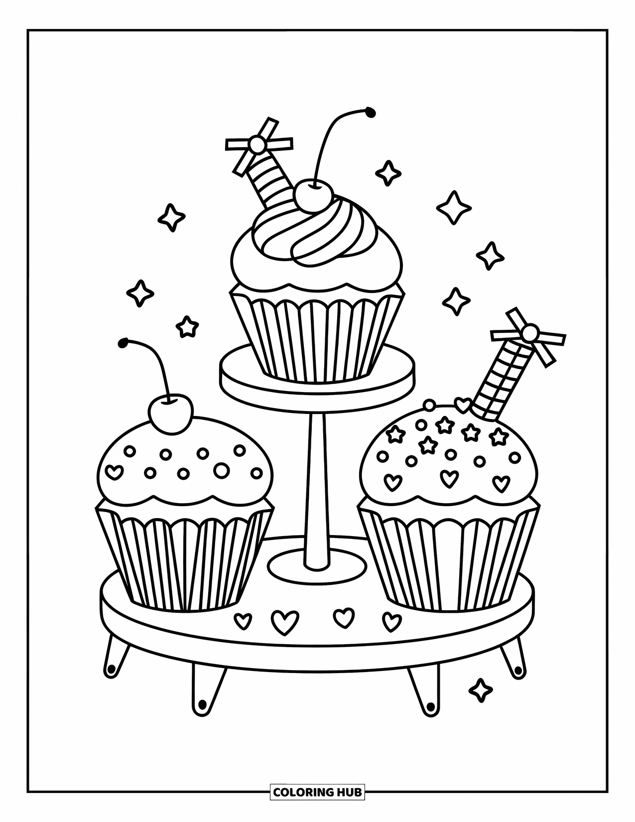 Sweet Treats Coloring Page for Adults: A cupcake tower shows off sweet designs with cherries, sprinkles, and wafer sticks