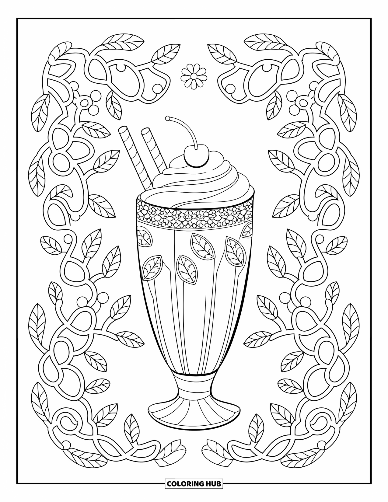 Sweet Treats Coloring Page for Adults: A fancy milkshake with a cherry sits at the heart of vine-like mandala lines