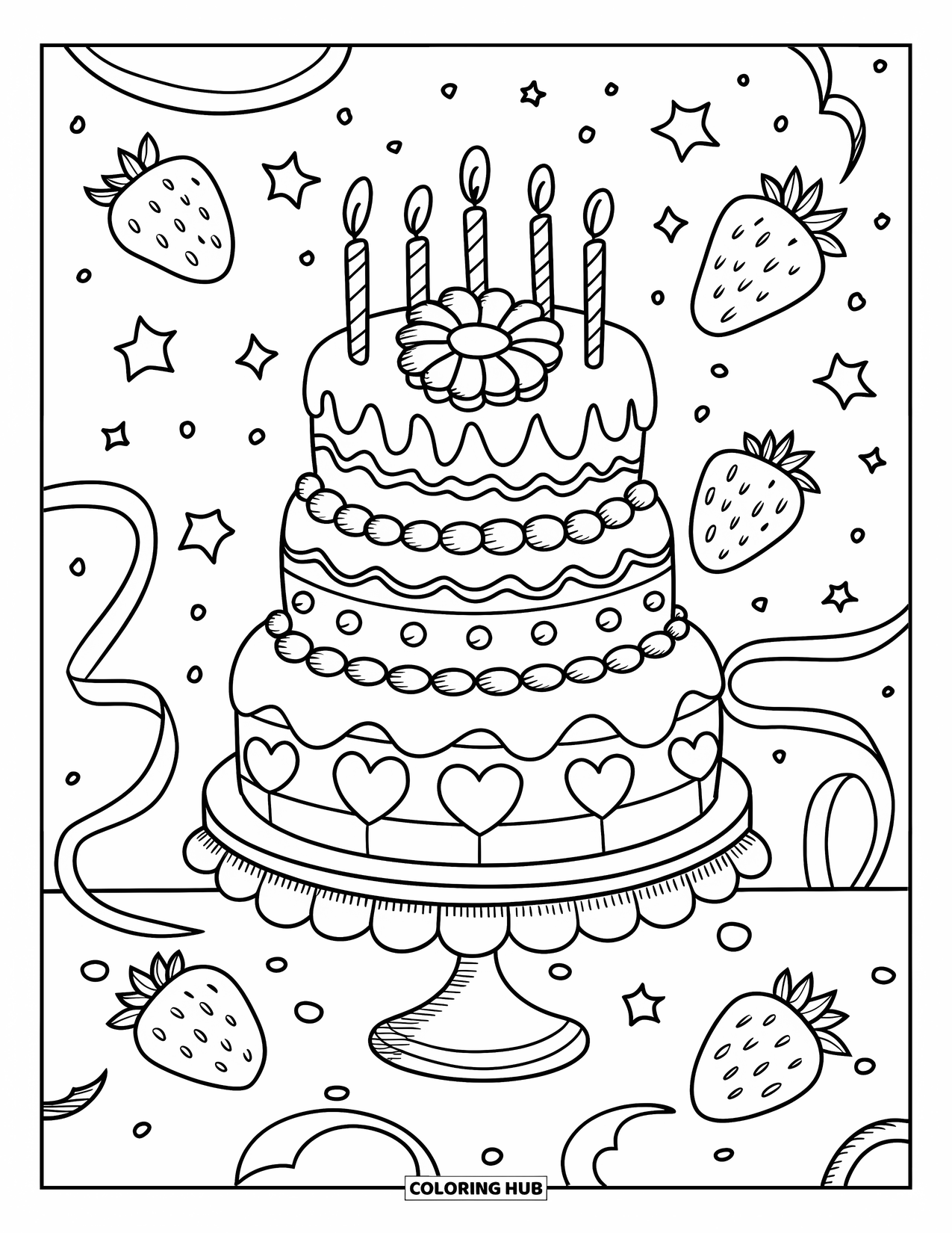 Sweet Treats Coloring Page for Adults: A festive cake stands on a frilly plate with strawberries, stars, and ribbons above