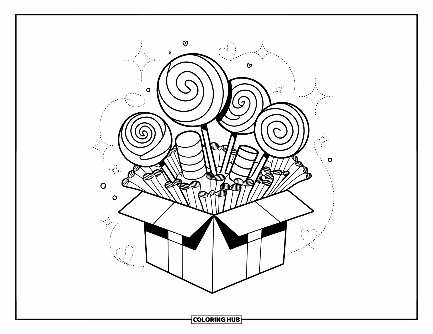 Sweet Treats Coloring Page for Adults: A gift box overflows with swirly lollipops, candy sticks, hearts, and sparkles