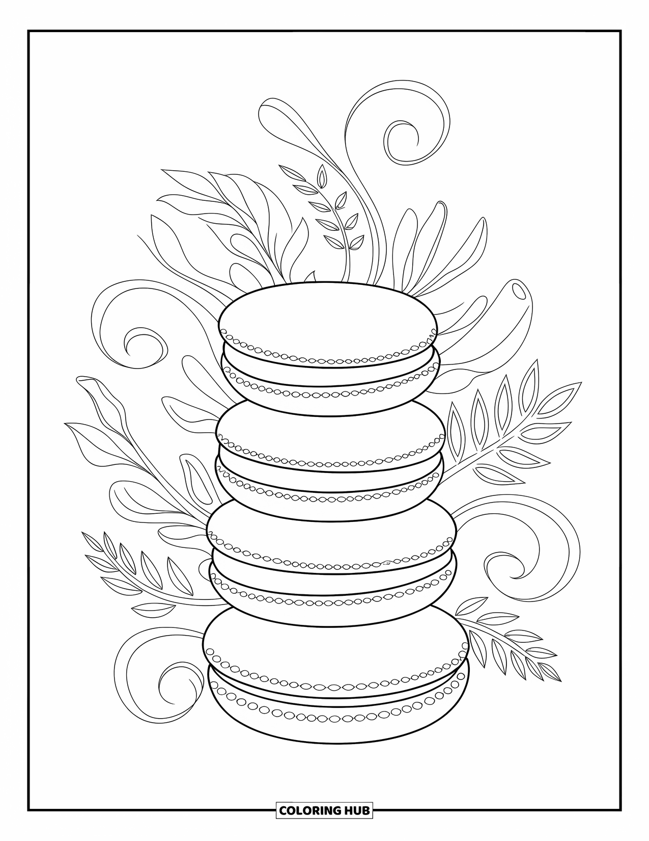 Sweet Treats Coloring Page for Adults: A macaron tower stands tall with botanical swirls and clean mandala details