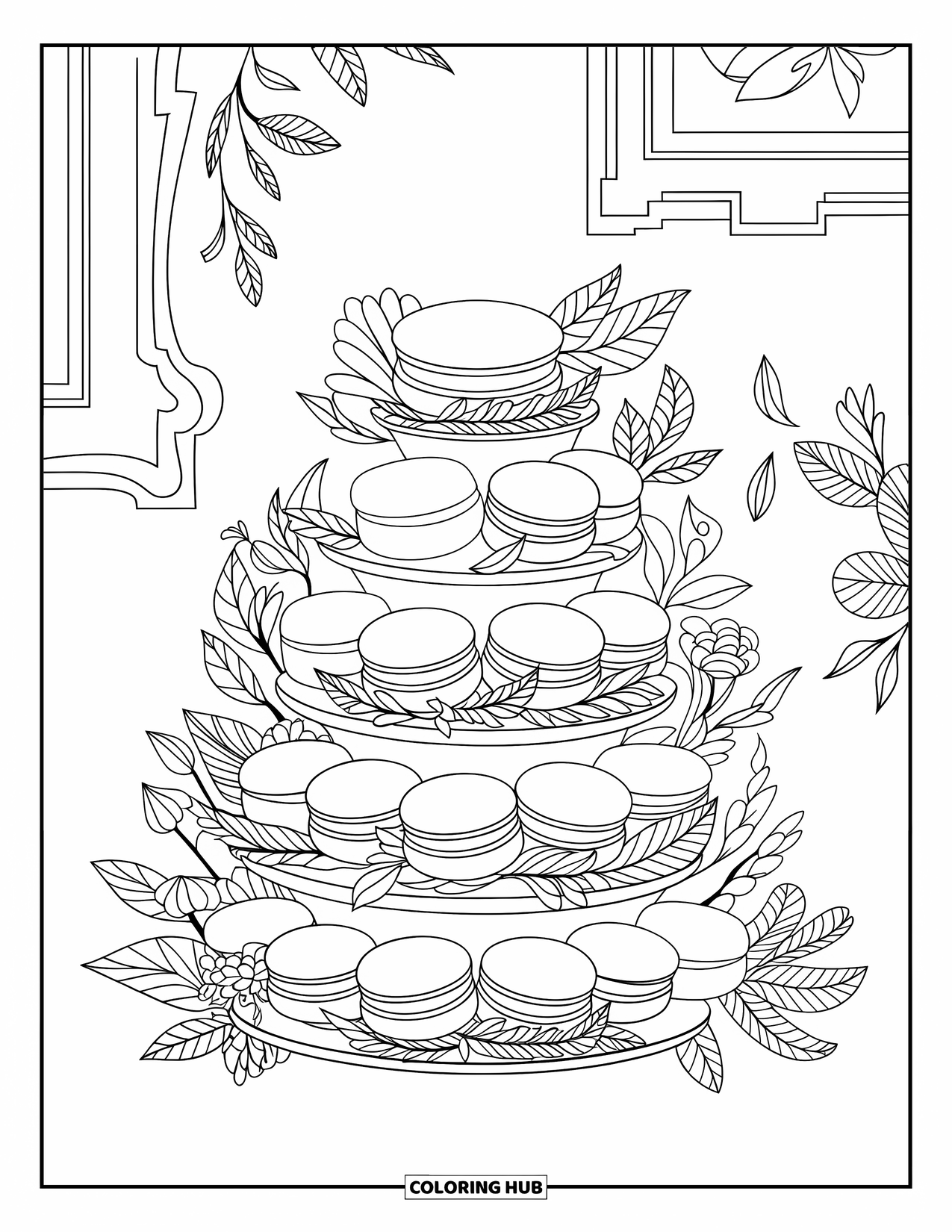 Sweet Treats Coloring Page for Adults: A macaron tower with soft leaf swirls sits before a cozy wall setting