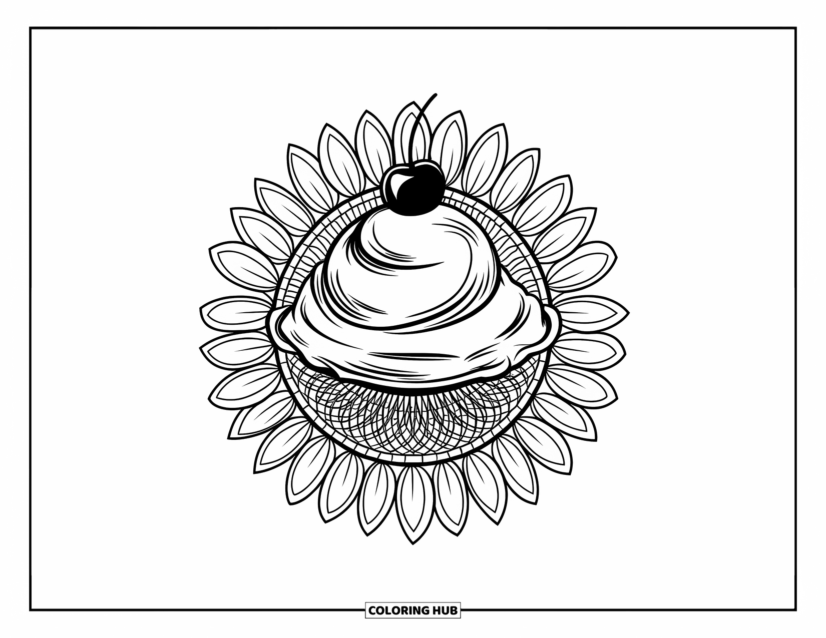 Sweet Treats Coloring Page for Adults: A scoop of ice cream sits in the center of a sunflower-lined mandala