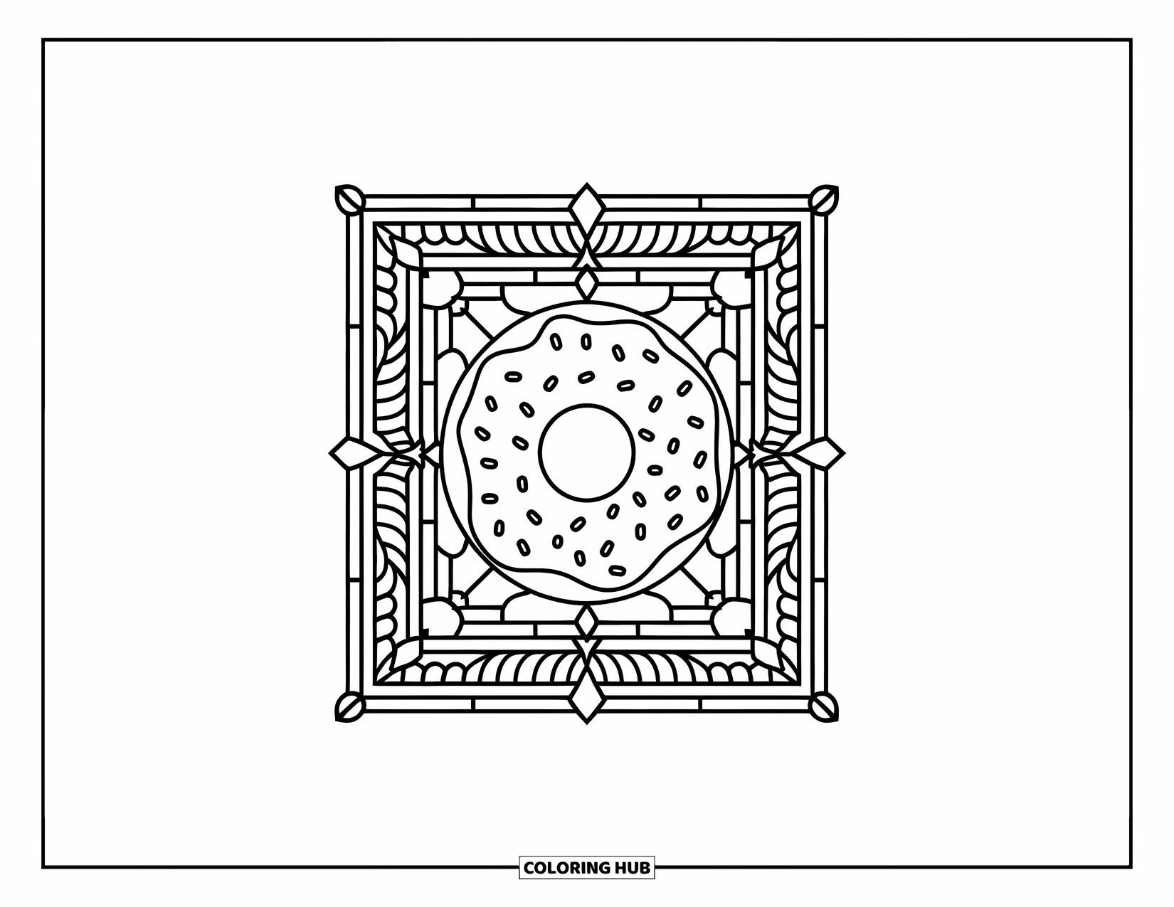 Sweet Treats Coloring Page for Adults: A single donut sits inside a beautiful symmetrical stained glass frame