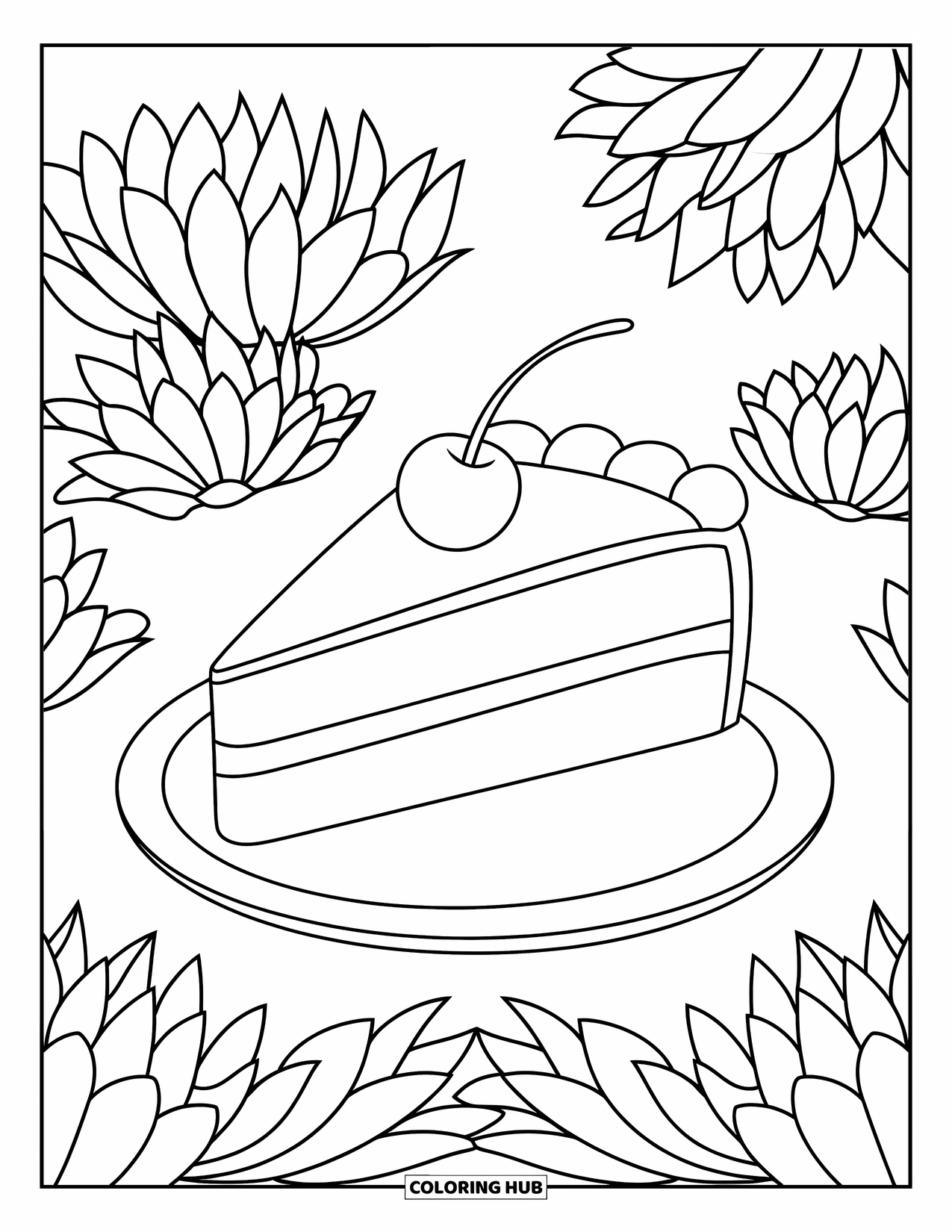 Sweet Treats Coloring Page for Adults: A slice of cake with a cherry sits among lotus flowers and leafy patterns
