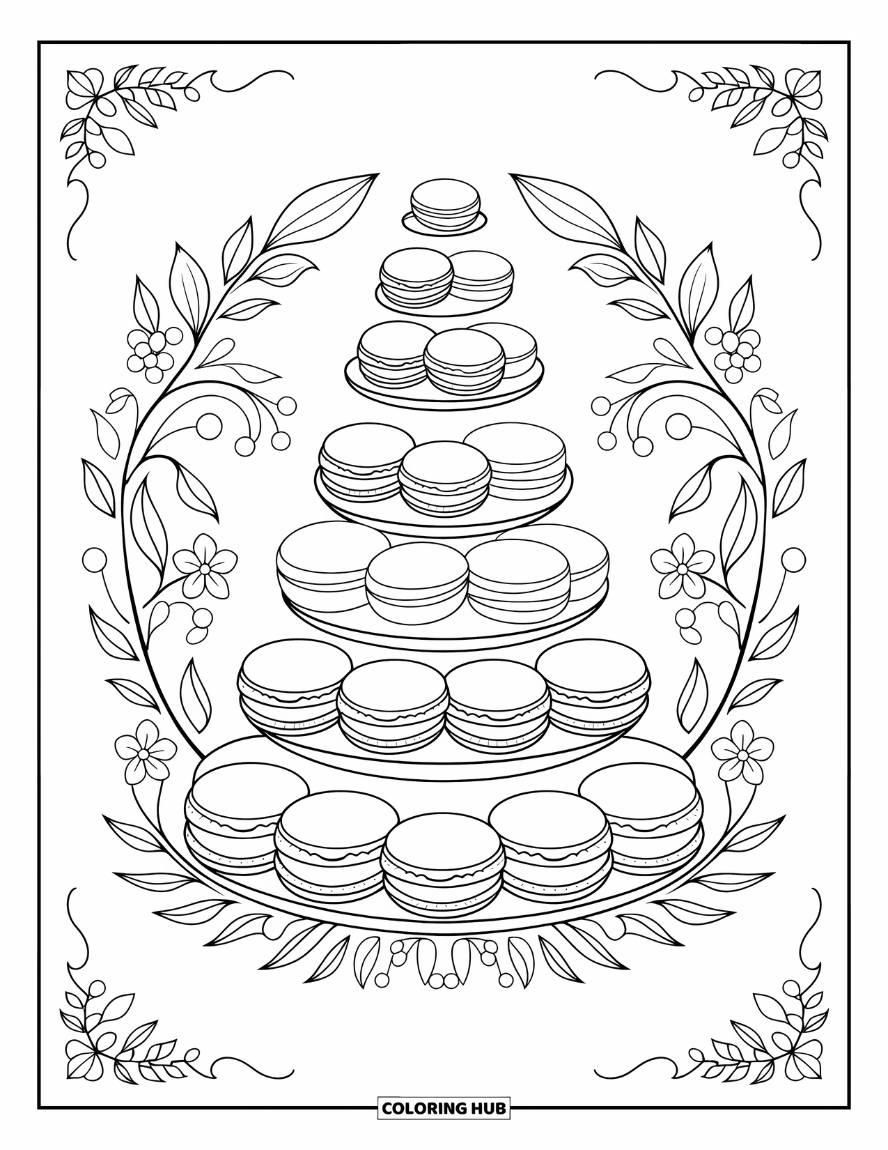 Sweet Treats Coloring Page for Adults: A tower of macarons is wrapped in leafy swirls with a decorative frame