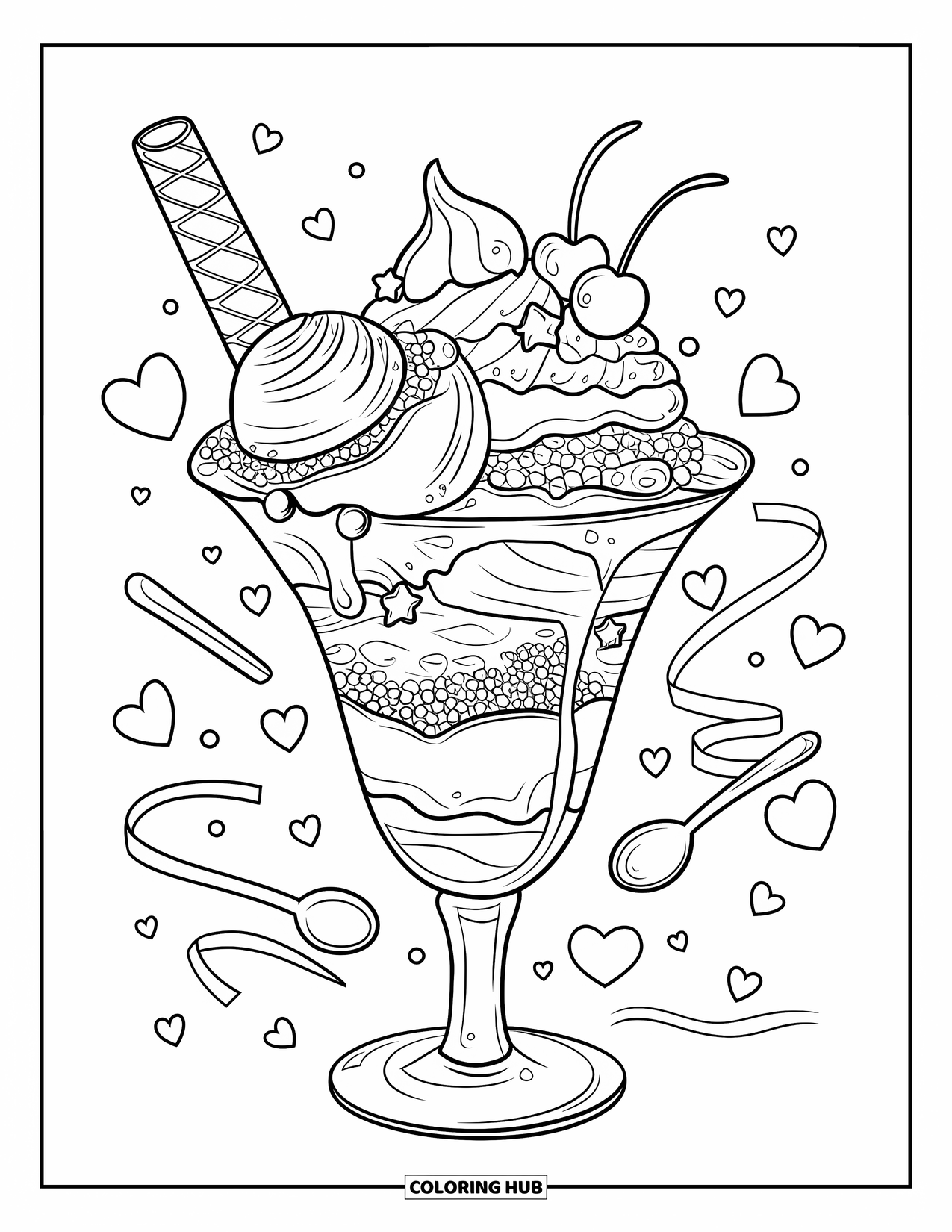 Sweet Treats Coloring Page for Adults: A towering sundae drips with sauces, topped with stars, ribbons, and a cherry