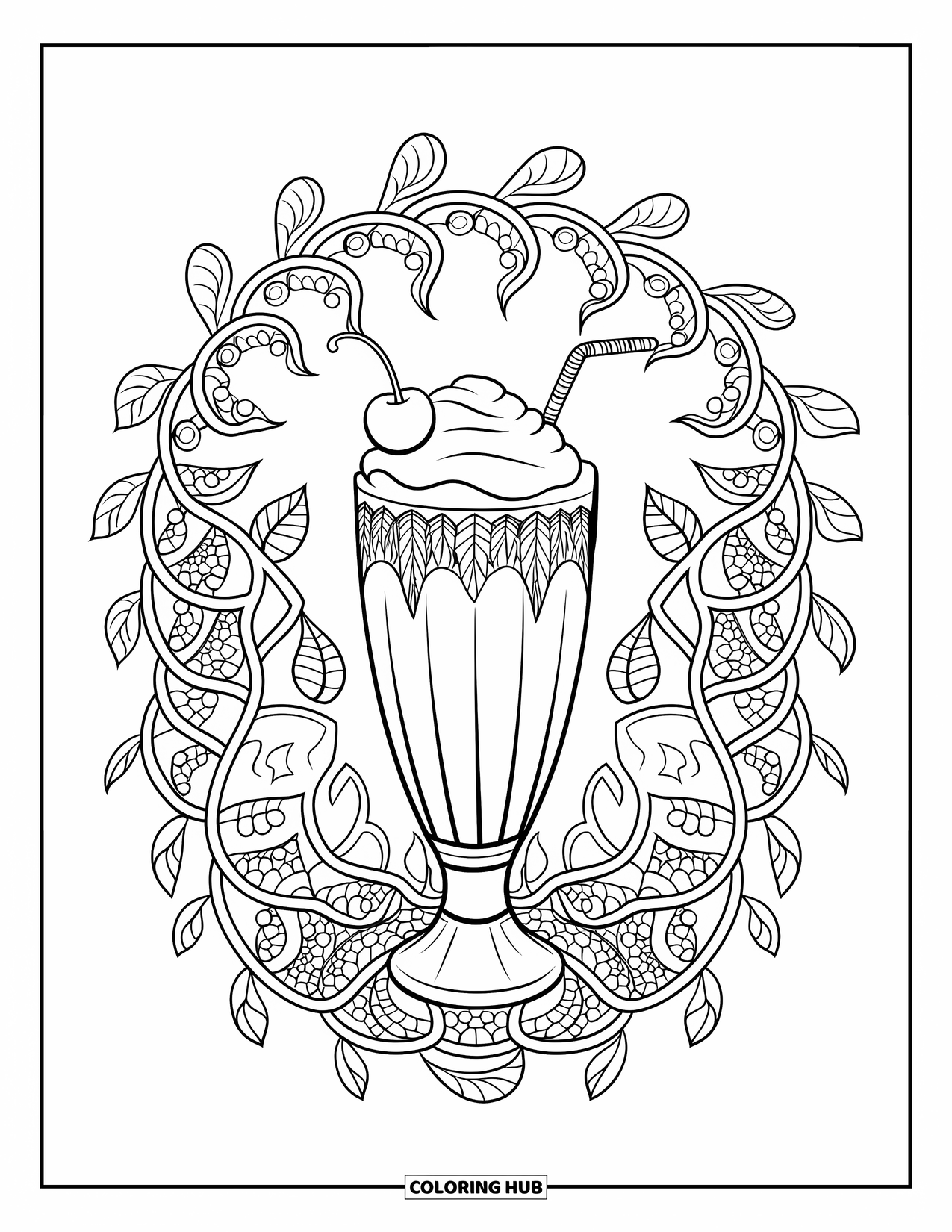 Sweet Treats Coloring Page for Adults: A treat milkshake glows at the center of swirling vine and leaf mandalas