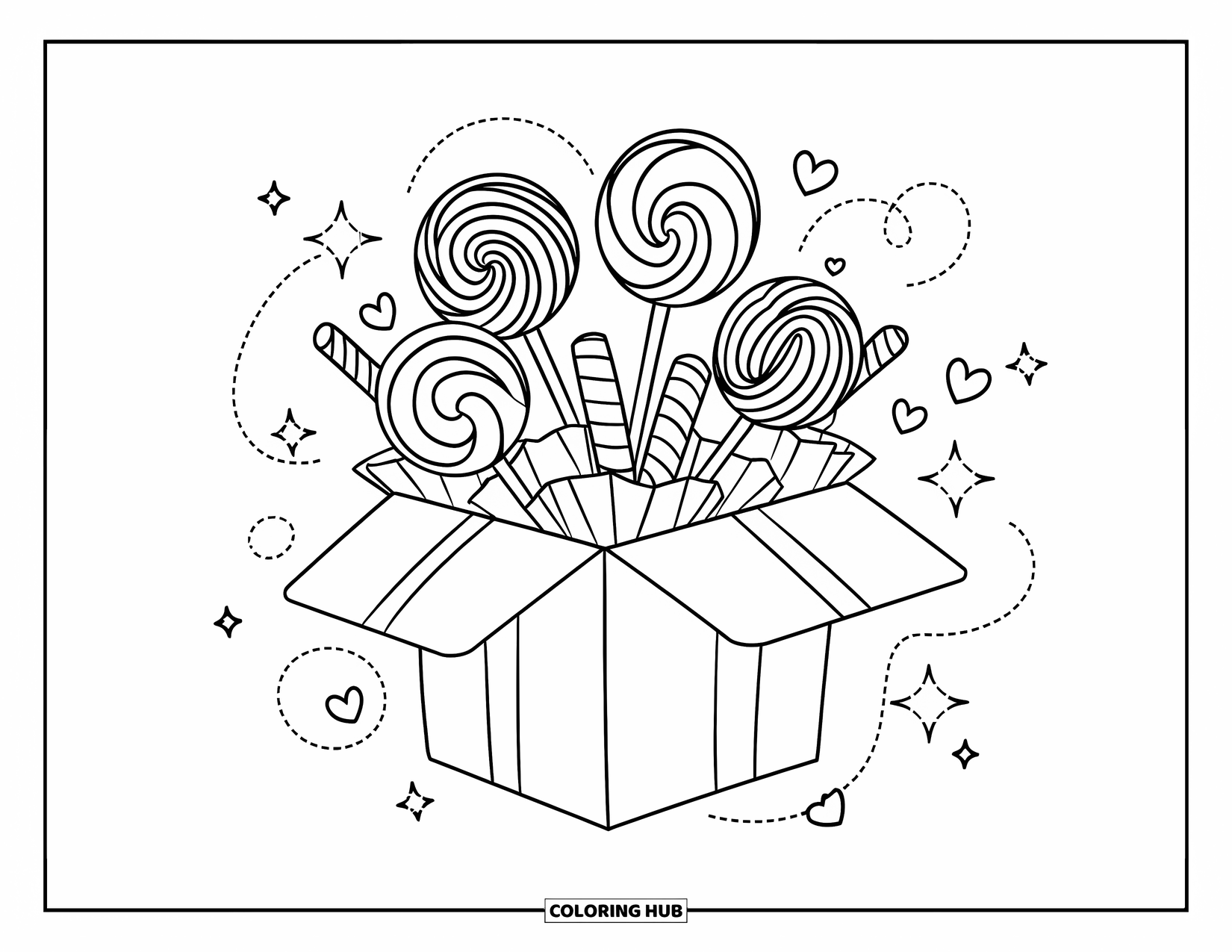 Sweet Treats Coloring Page for Adults: Candy sticks and swirly lollipops pop from a gift box filled with sweet details