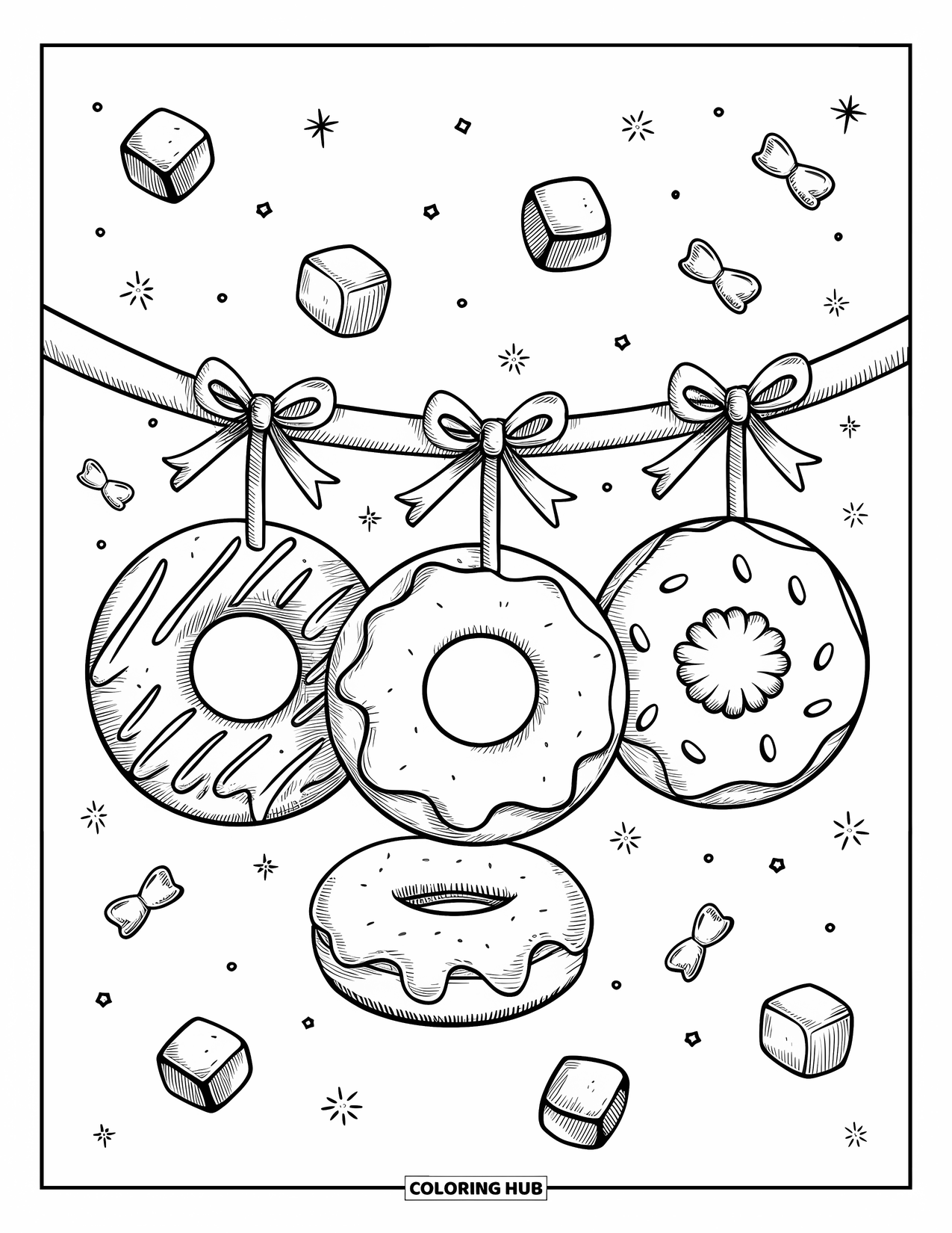 Sweet Treats Coloring Page for Adults: Donuts with hearts and zigzags dangle from ribbons among candy and sparkles