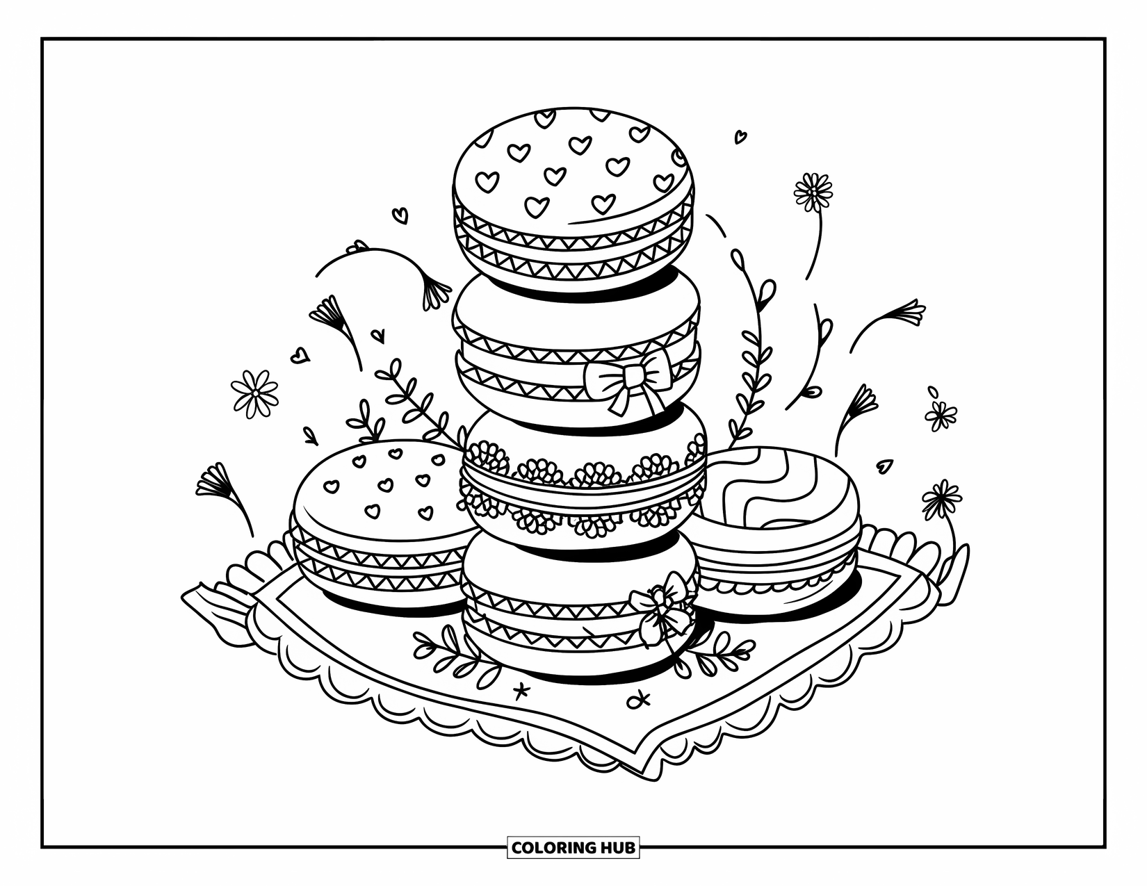 Sweet Treats Coloring Page for Adults: Five macarons with cute patterns sit on a napkin surrounded by candy and blossoms
