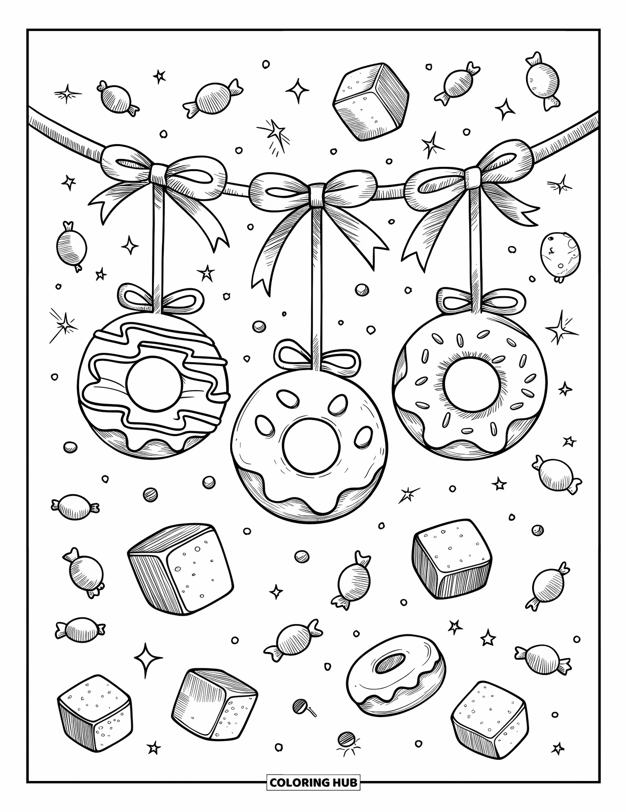 Sweet Treats Coloring Page for Adults: Hanging donuts with playful designs float among sparkles and little sugar cubes