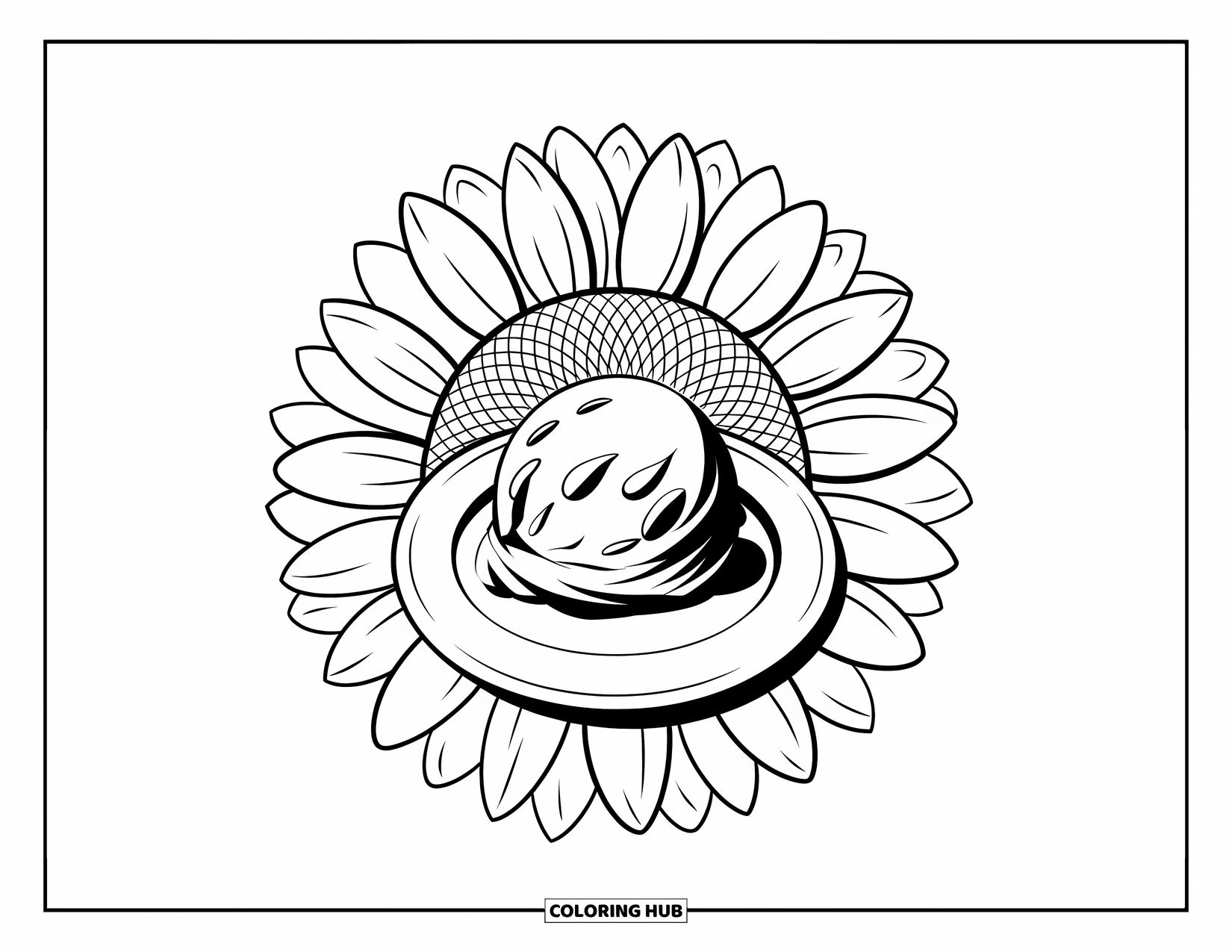 Sweet Treats Coloring Page for Adults: Ice cream on a plate shines at the center of a sunflower petal mandala