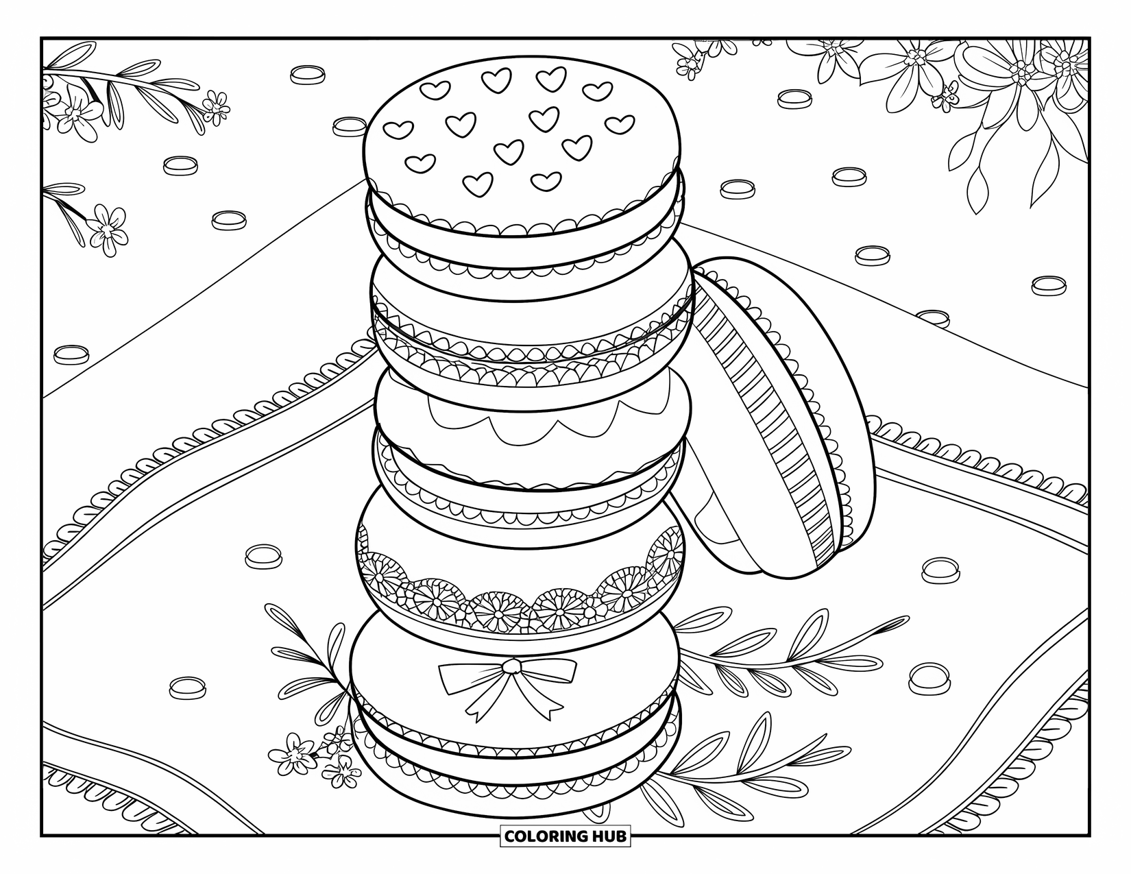 Sweet Treats Coloring Page for Adults: Patterned macarons sit neatly on a napkin, surrounded by flowers and floating candy bits