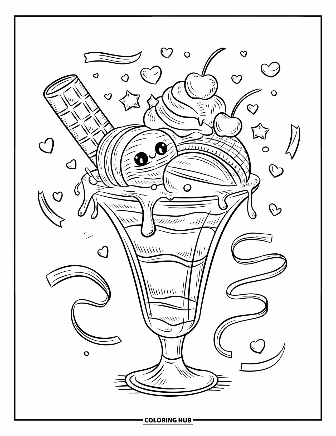 Sweet Treats Coloring Page for Adults: Scoops of soft-serve and whipped cream fill a tall sundae glass with candy hearts