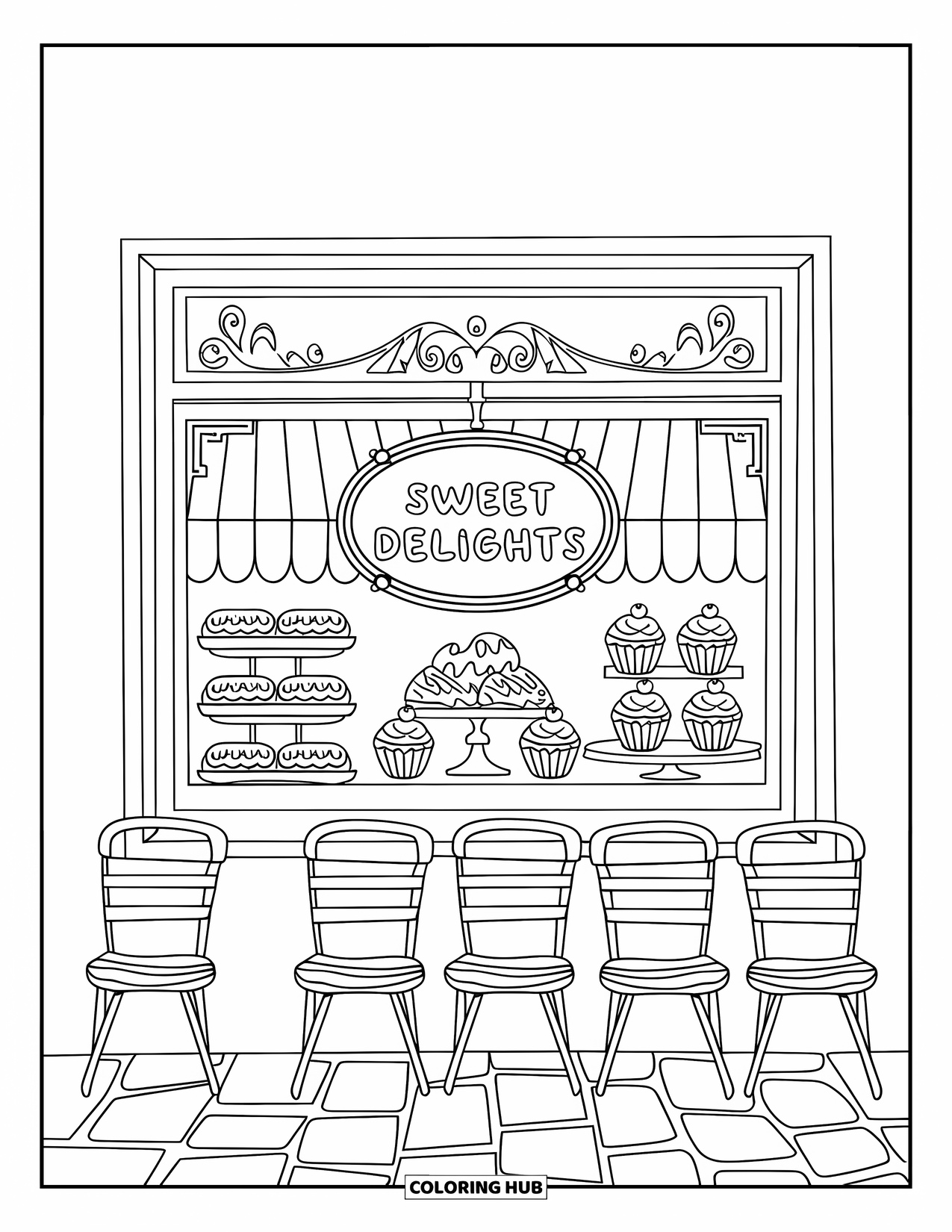 Sweet Treats Coloring Page for Kids: A bakery window labeled "Sweet Delights" shows chairs and a stone path outside