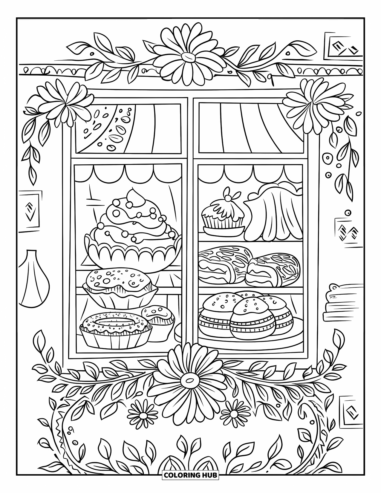 Sweet Treats Coloring Page for Kids: A bakery window shows off cupcakes, eclairs, and macarons with a floral frame