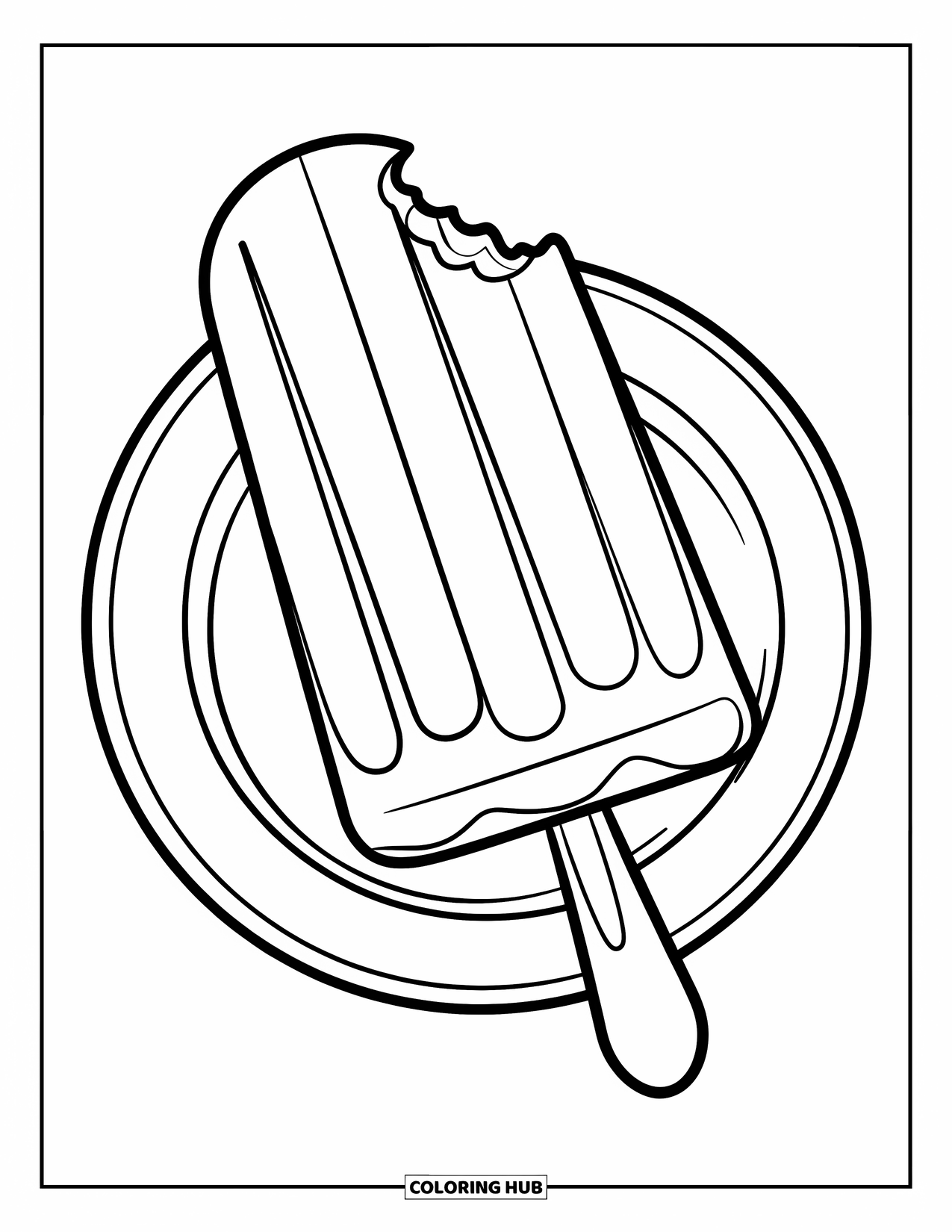 Sweet Treats Coloring Page for Kids: A bitten popsicle with stripes rests on a clean white plate