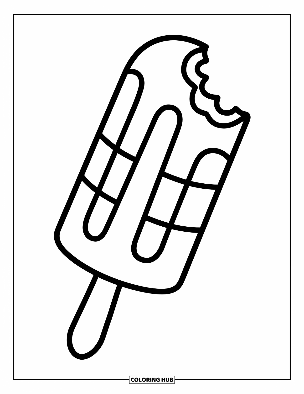 Sweet Treats Coloring Page for Kids: A bold-striped popsicle sits on a stick, ready for coloring fun