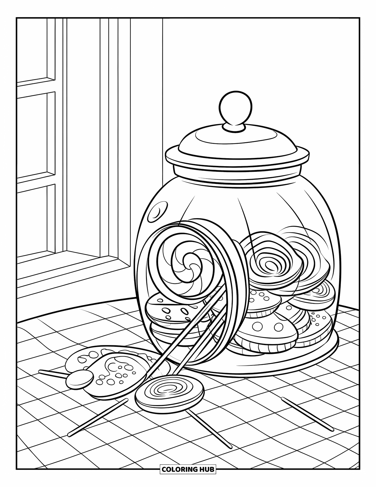 Sweet Treats Coloring Page for Kids: A candy-filled jar sits on a table with a checkered cloth and window view