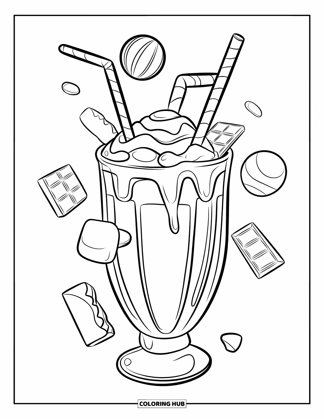 Sweet Treats Coloring Page for Kids: A chocolate milkshake overflows with candy and two playful straws